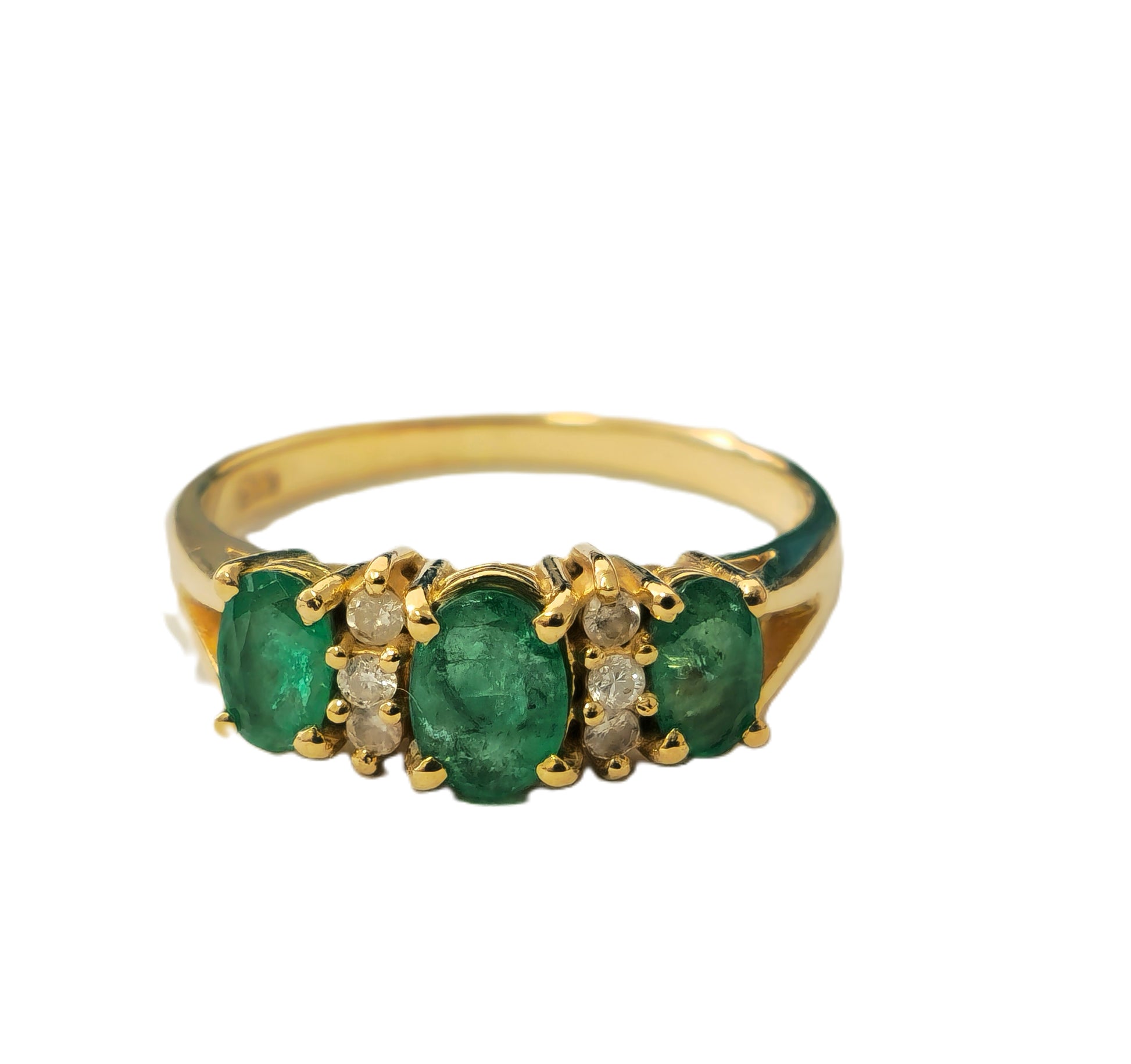 Natural 3 stone Emerald & Diamond Ring in 14k Gold - Pristine Diamonds