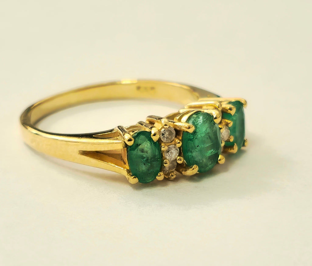 Natural 3 stone Emerald & Diamond Ring in 14k Gold - Pristine Diamonds