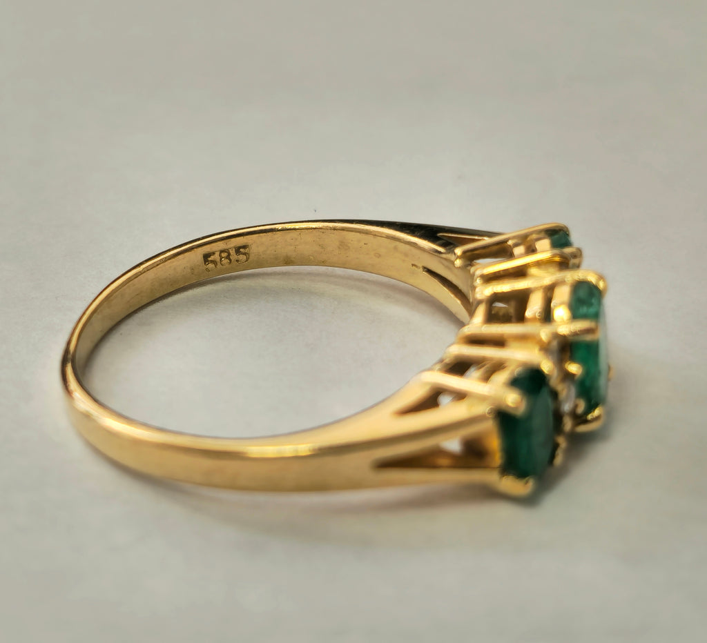 Natural 3 stone Emerald & Diamond Ring in 14k Gold - Pristine Diamonds