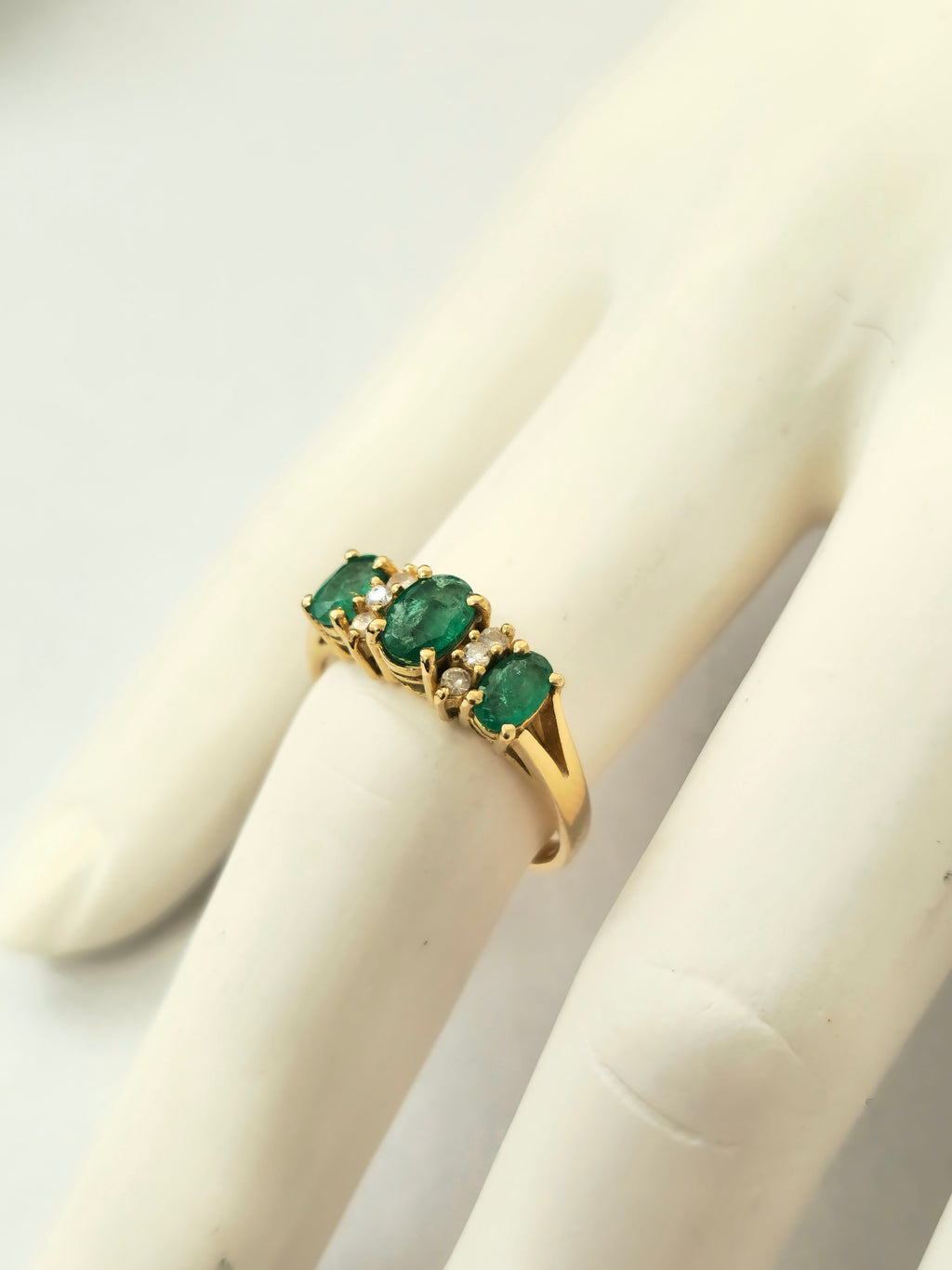 Natural 3 stone Emerald & Diamond Ring in 14k Gold - Pristine Diamonds