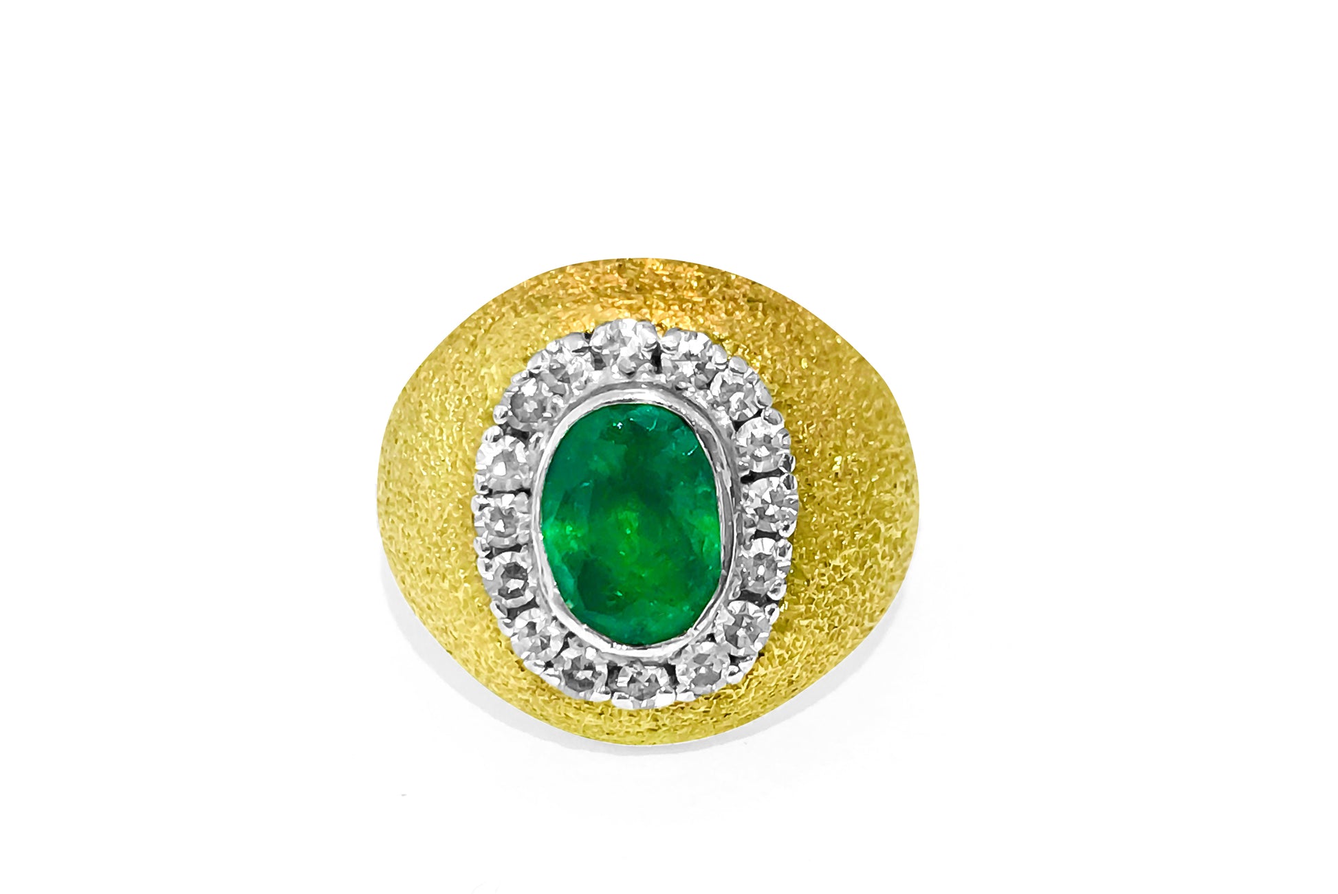 18k gold vintage ring with a 2.5 carat emerald and diamond accents, featuring intricate design from Prince The Jeweler.