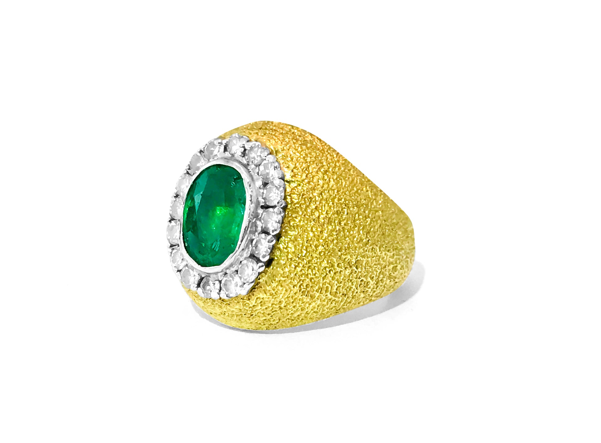 Vintage 18k gold ring featuring a 2.5 ct emerald and diamond accents, elegant jewelry piece by Prince The Jeweler.