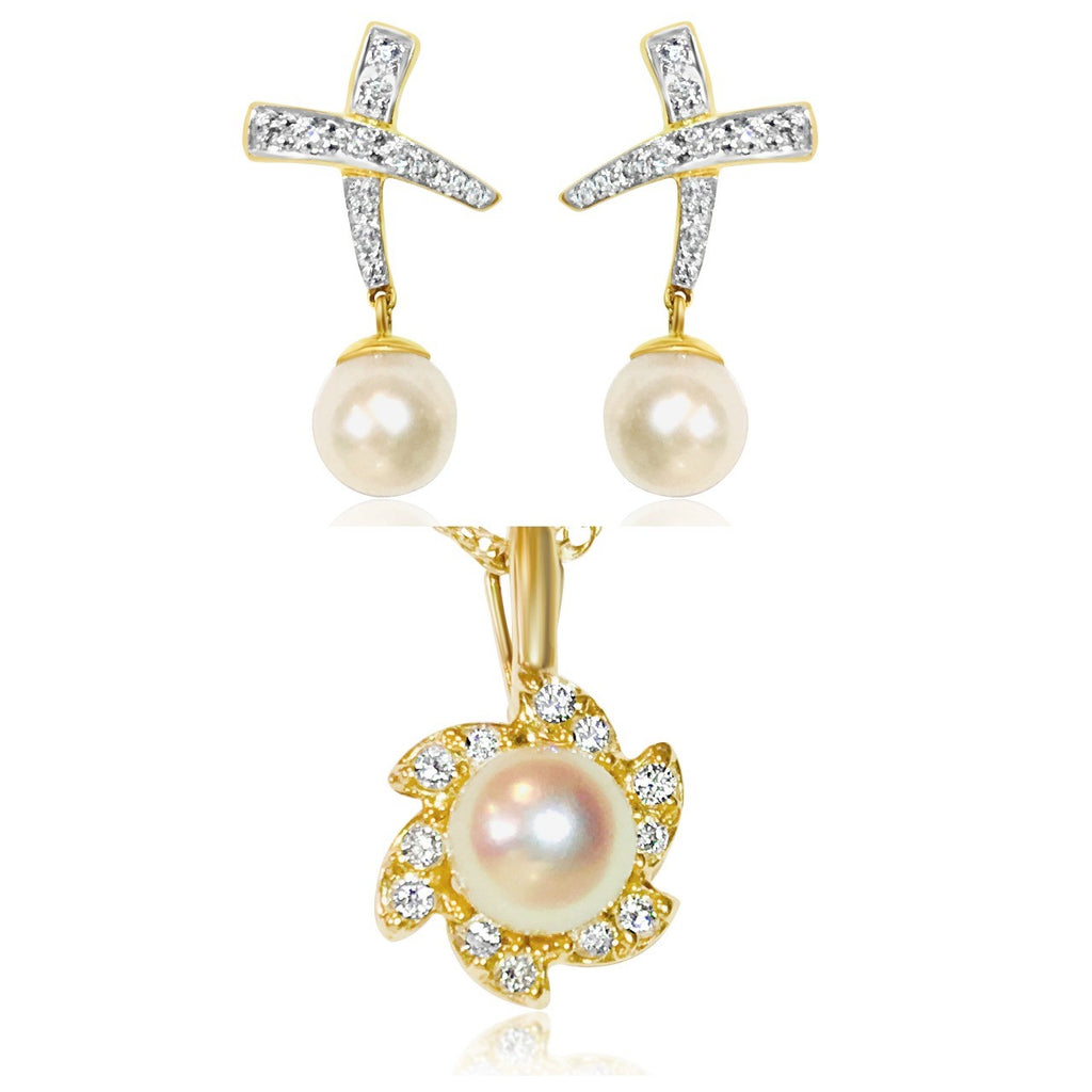 18K, 0.65 CT diamond & pearl; earrings & pendant set - Pristine Diamonds