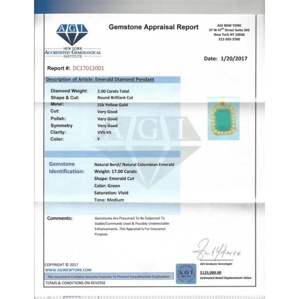 19.00ct Emerald And Diamond Pendant Necklace. - Pristine Diamonds