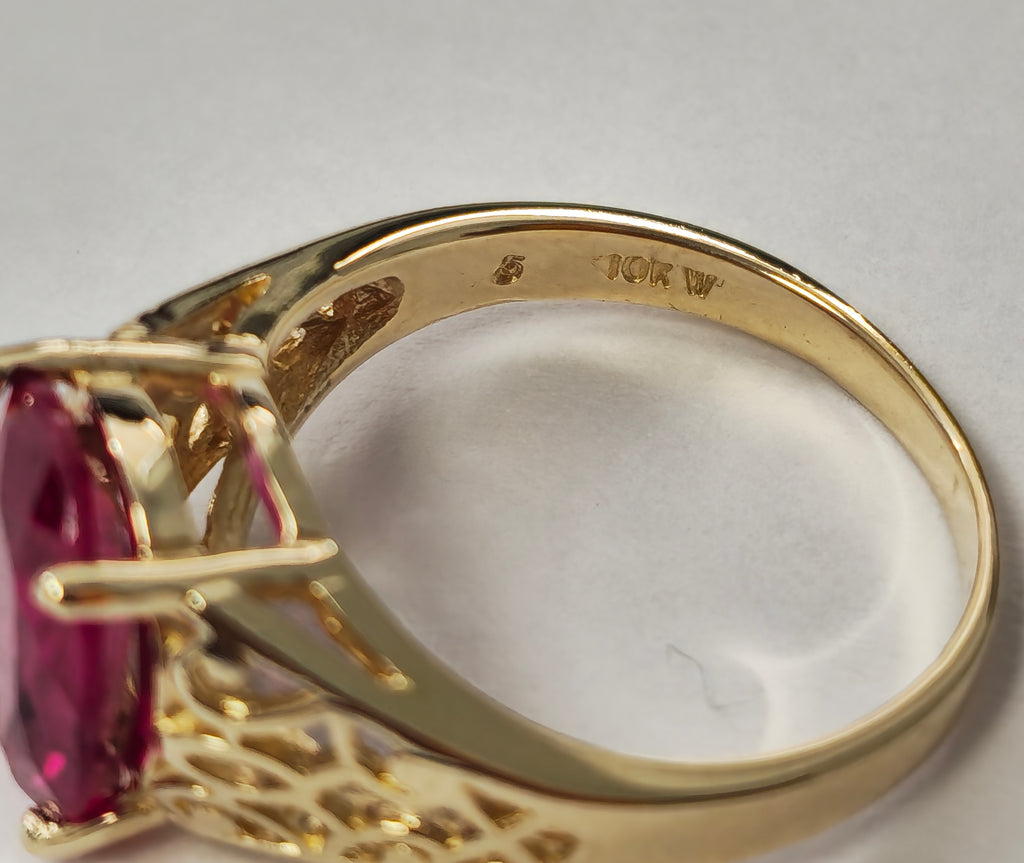 Vintage AAA ruby ring in yellow gold with intricate detailing, crafted by Prince The Jeweler.