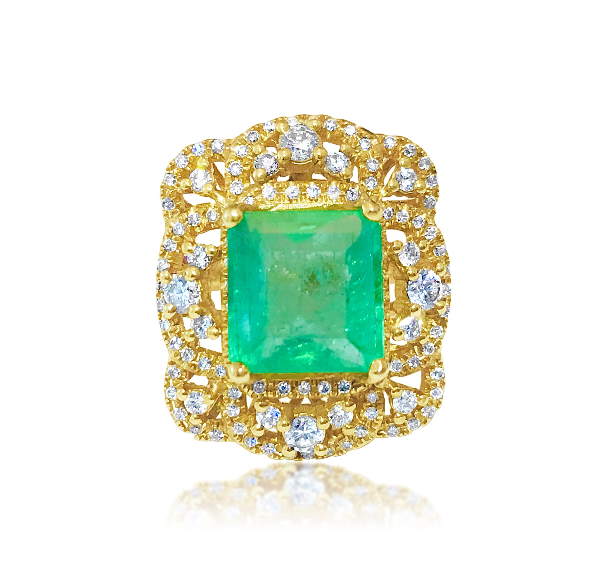 18k Gold Vintage 6 ct Emerald Diamond Cocktail Ring - Pristine Diamonds