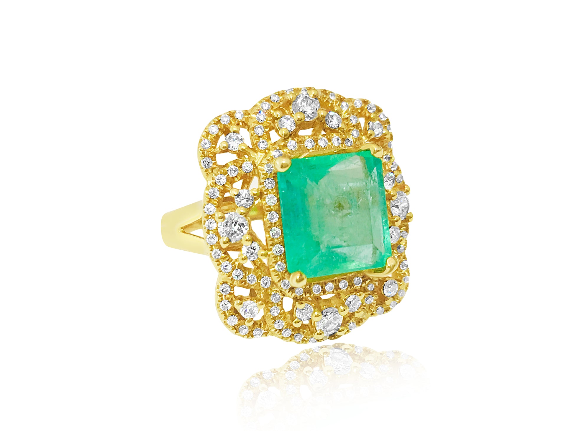 18k Gold Vintage 6 ct Emerald Diamond Cocktail Ring - Pristine Diamonds