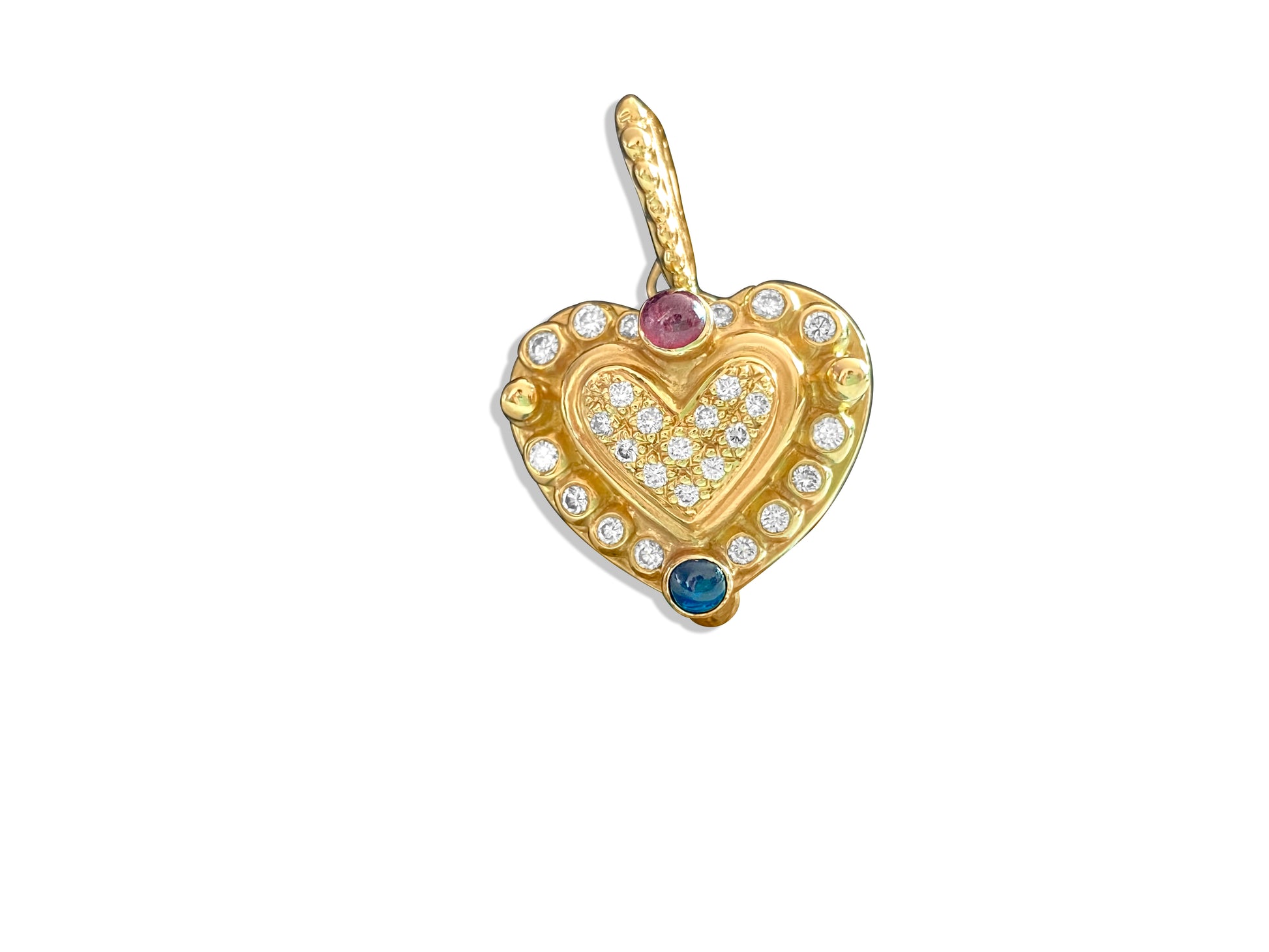 18K, 1.25 CT diamond, ruby and sapphire Heart Pendant