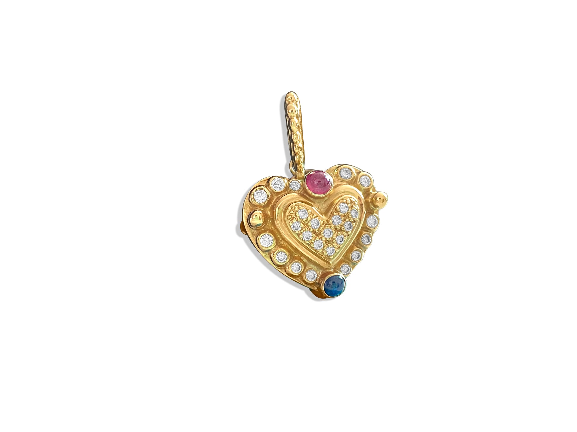18K, 1.25 CT diamond, ruby and sapphire Heart Pendant