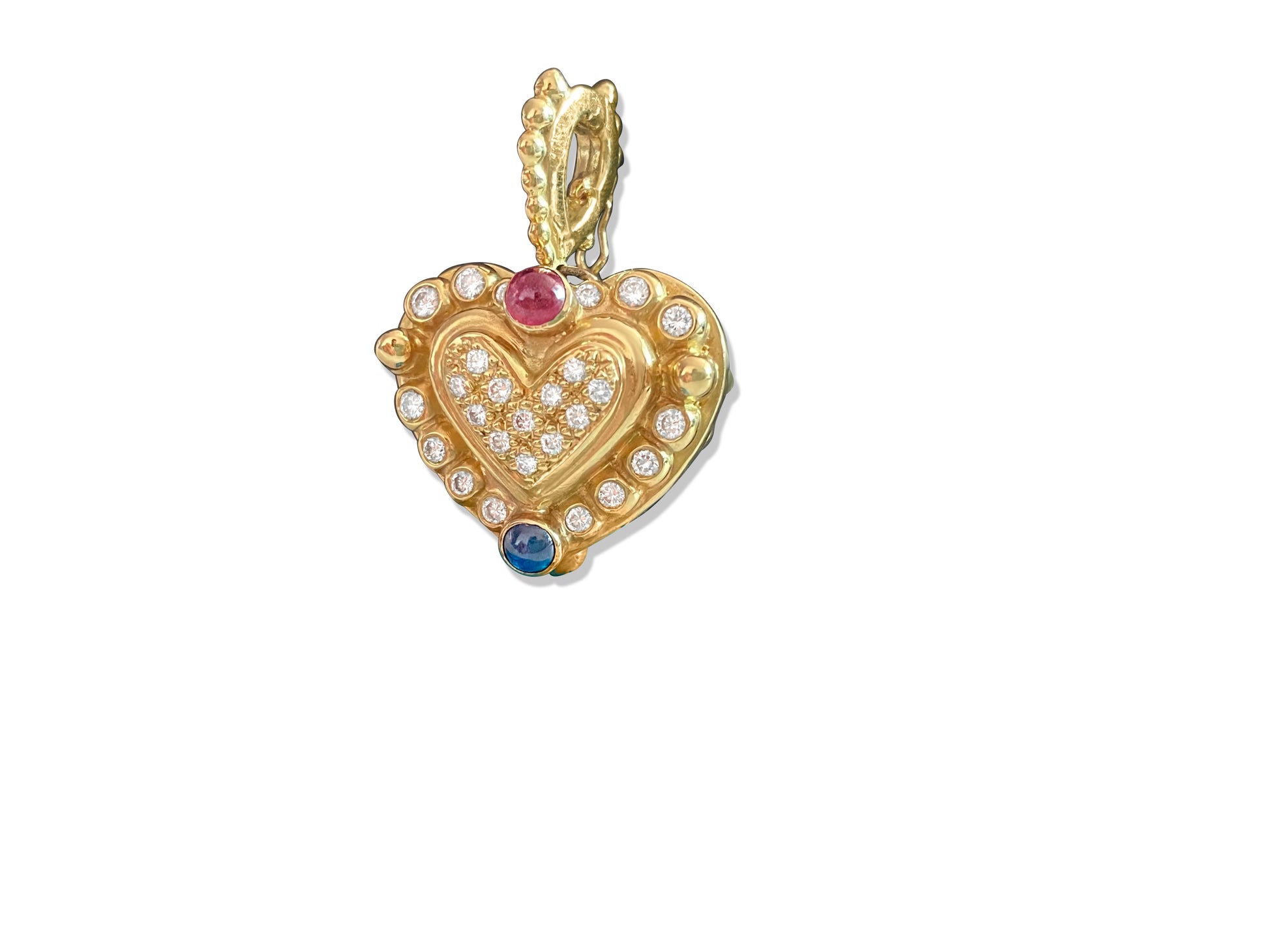 18K, 1.25 CT diamond, ruby and sapphire Heart Pendant