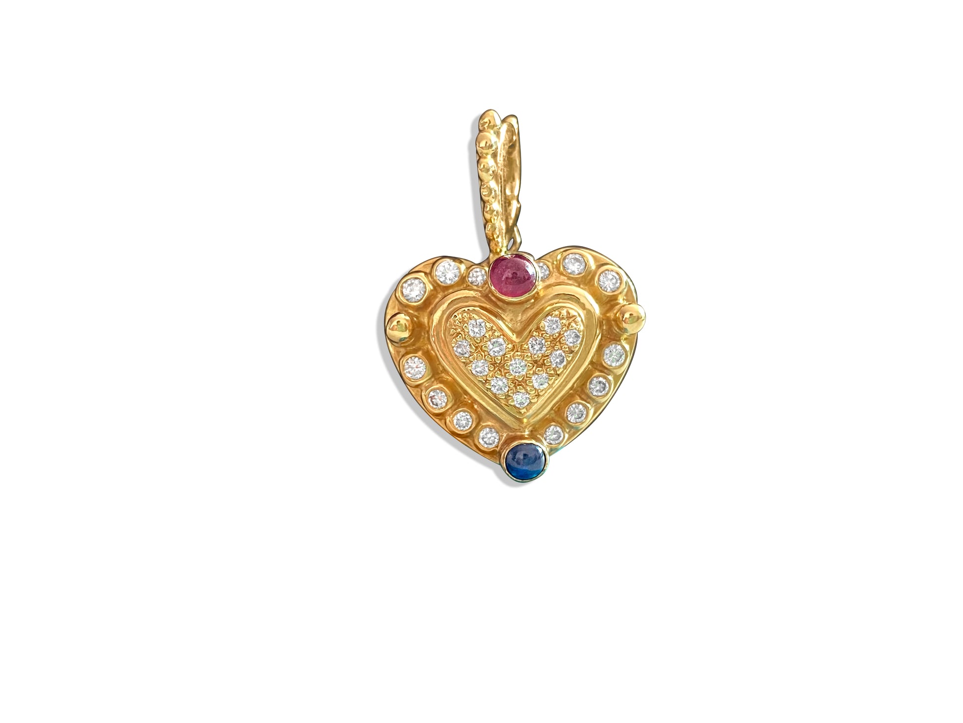 18K, 1.25 CT diamond, ruby and sapphire Heart Pendant