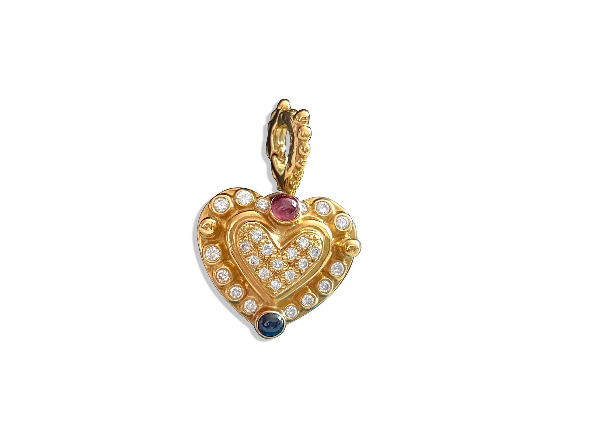 18K, 1.25 CT diamond, ruby and sapphire Heart Pendant