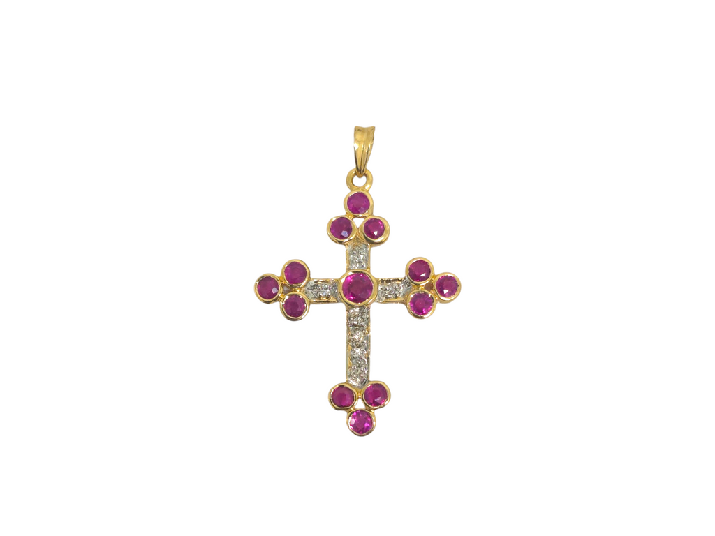 Natural Ruby and Diamond Cross in 14K Yellow Gold