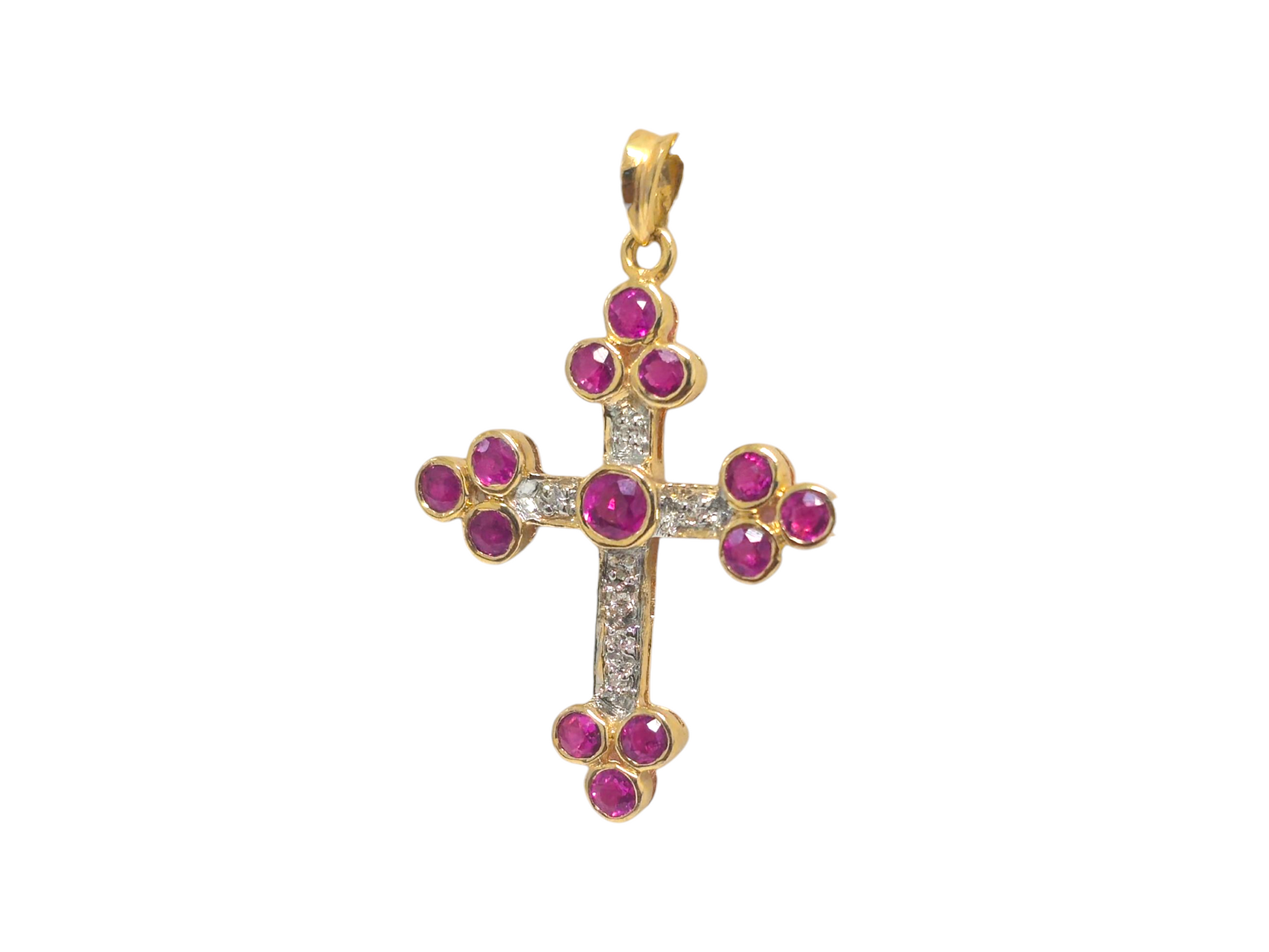 Natural Ruby and Diamond Cross in 14K Yellow Gold