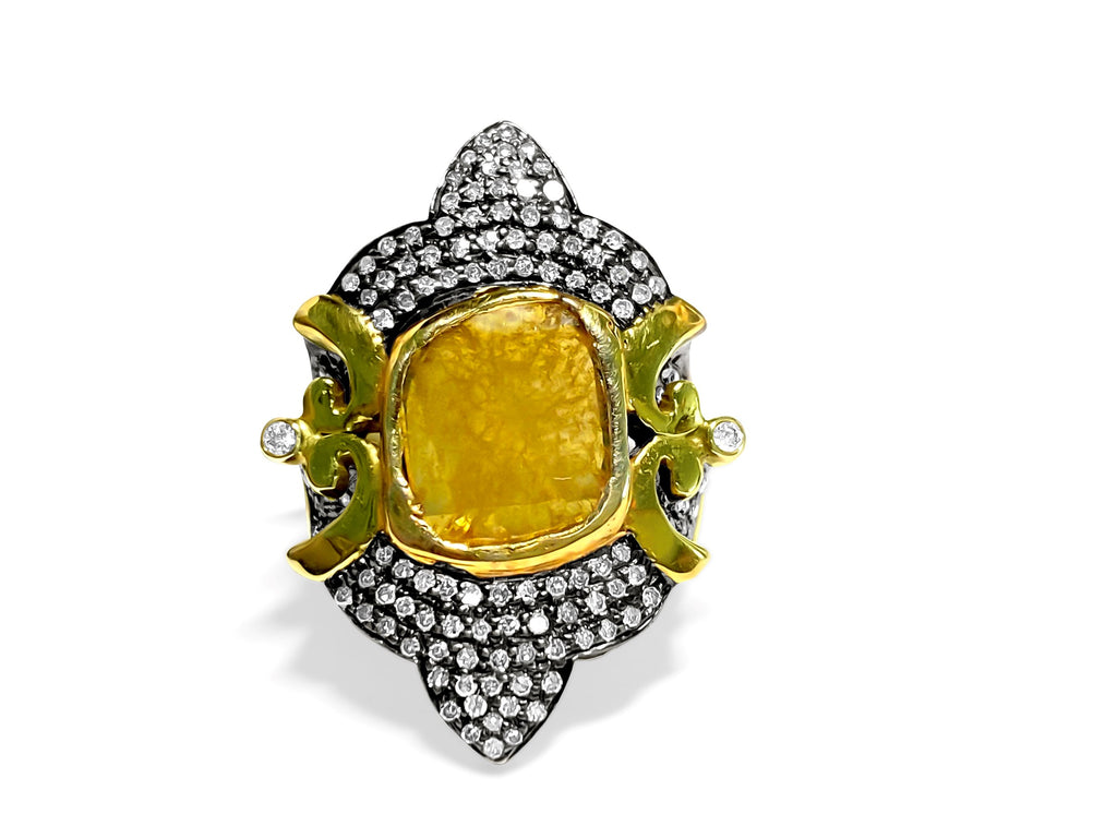 14K yellow and black gold antique diamond ring with 3.25 carats, featuring intricate design and vintage style.