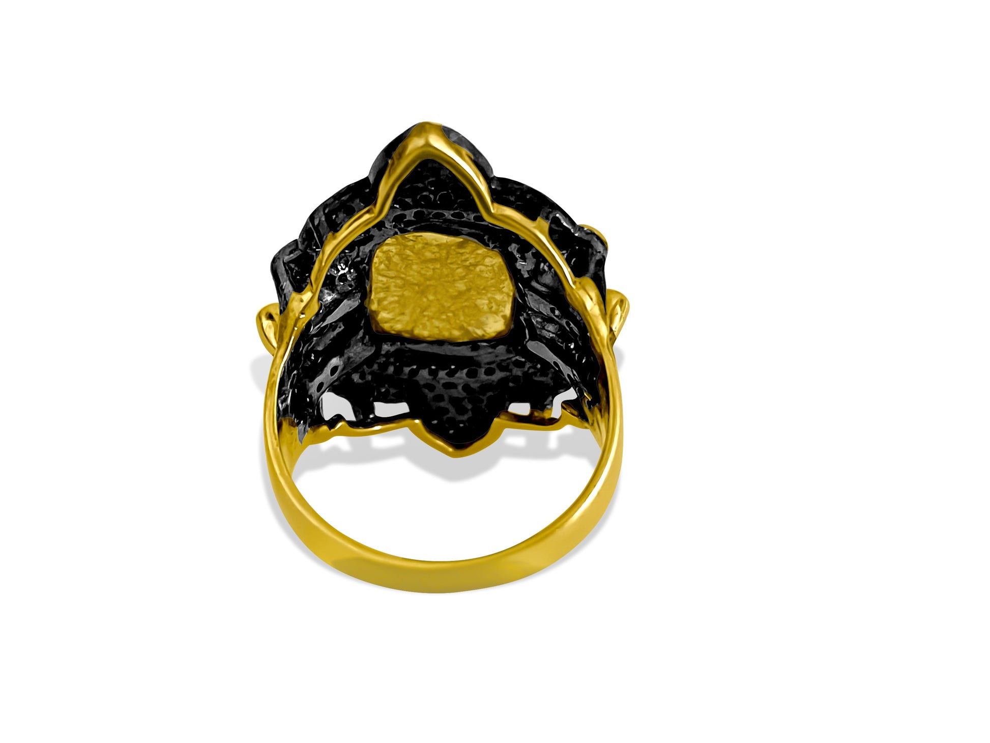 14K yellow and black gold antique diamond ring with 3.25 carats, featuring intricate detailing and vintage style.