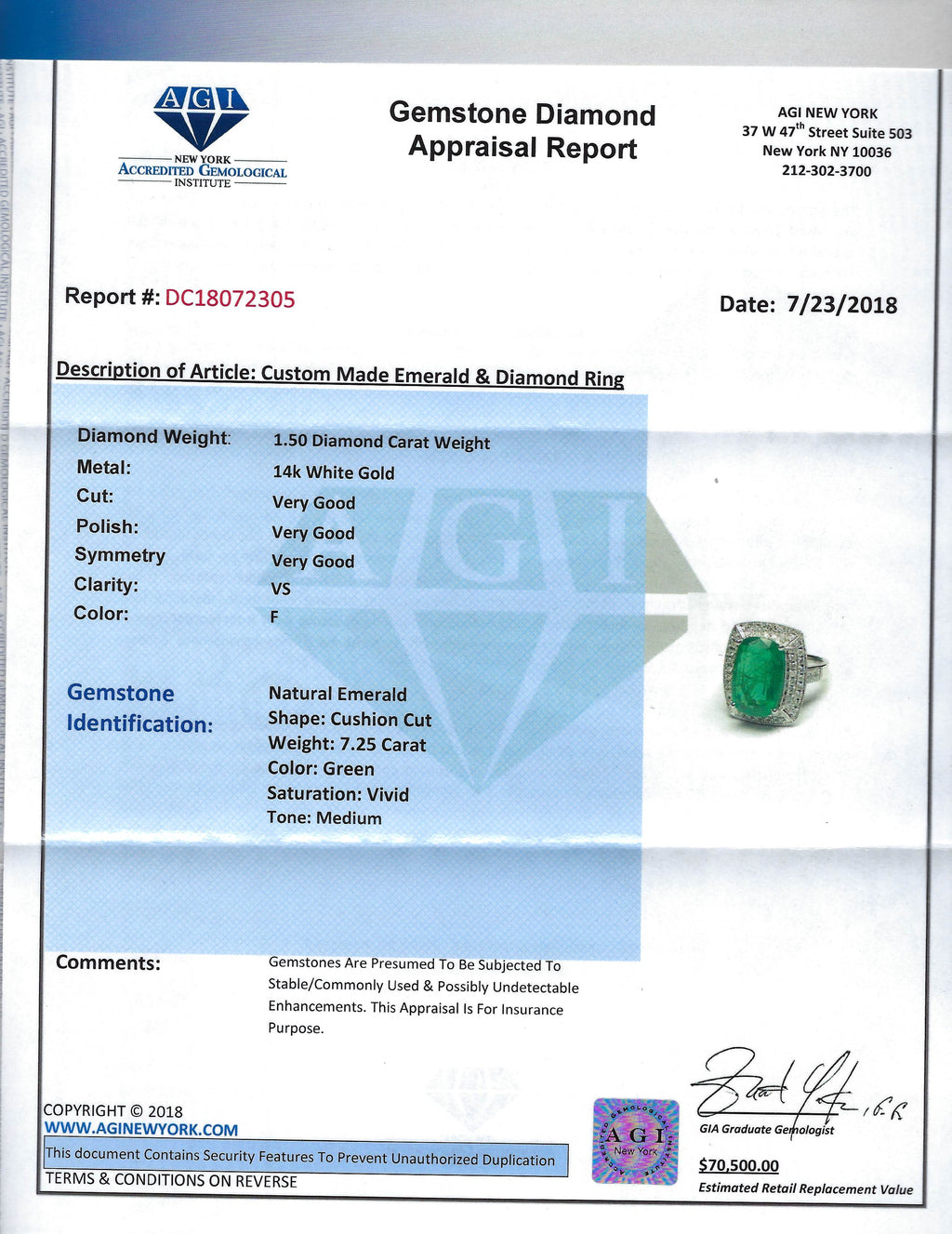 GIA Certified 7.25 Carat emerald and diamond ring by Prince The Jeweler featuring a vibrant green emerald centerpiece and sparkling diamonds.