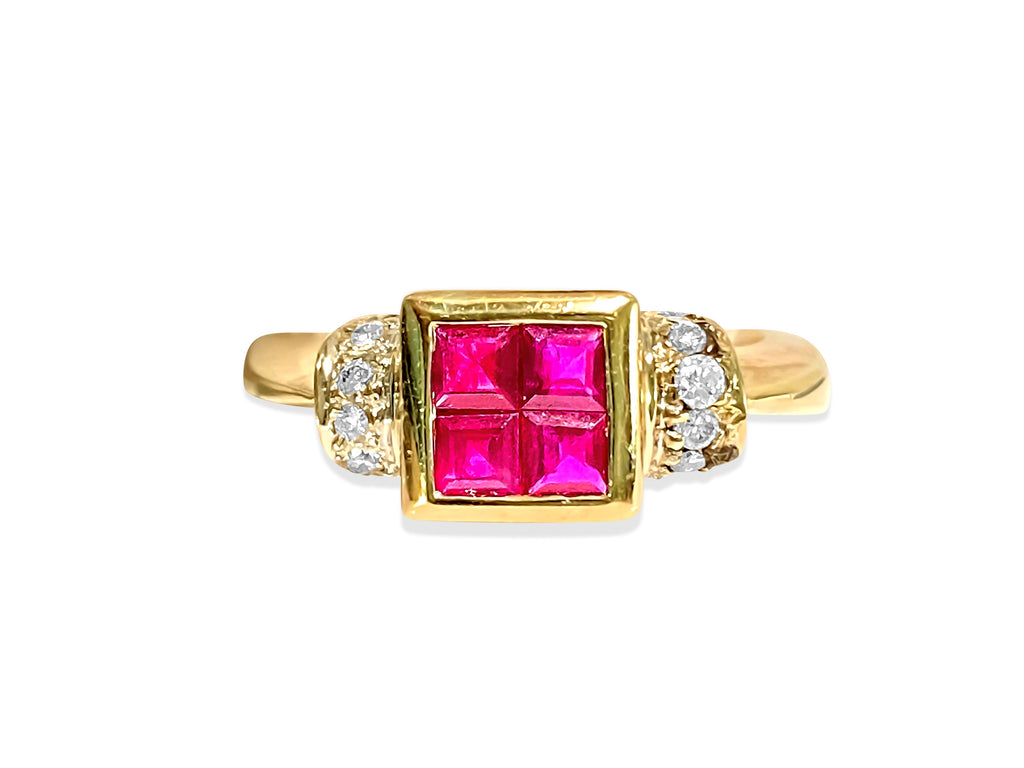 18K gold ring featuring 0.92 carat diamond and natural ruby, elegant jewelry piece from Prince The Jeweler.