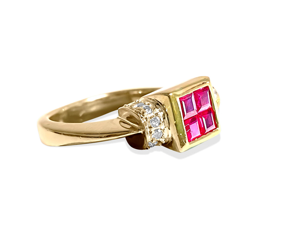 18K gold ring with 0.92 carat diamond and natural ruby accents, elegant jewelry piece by Prince The Jeweler