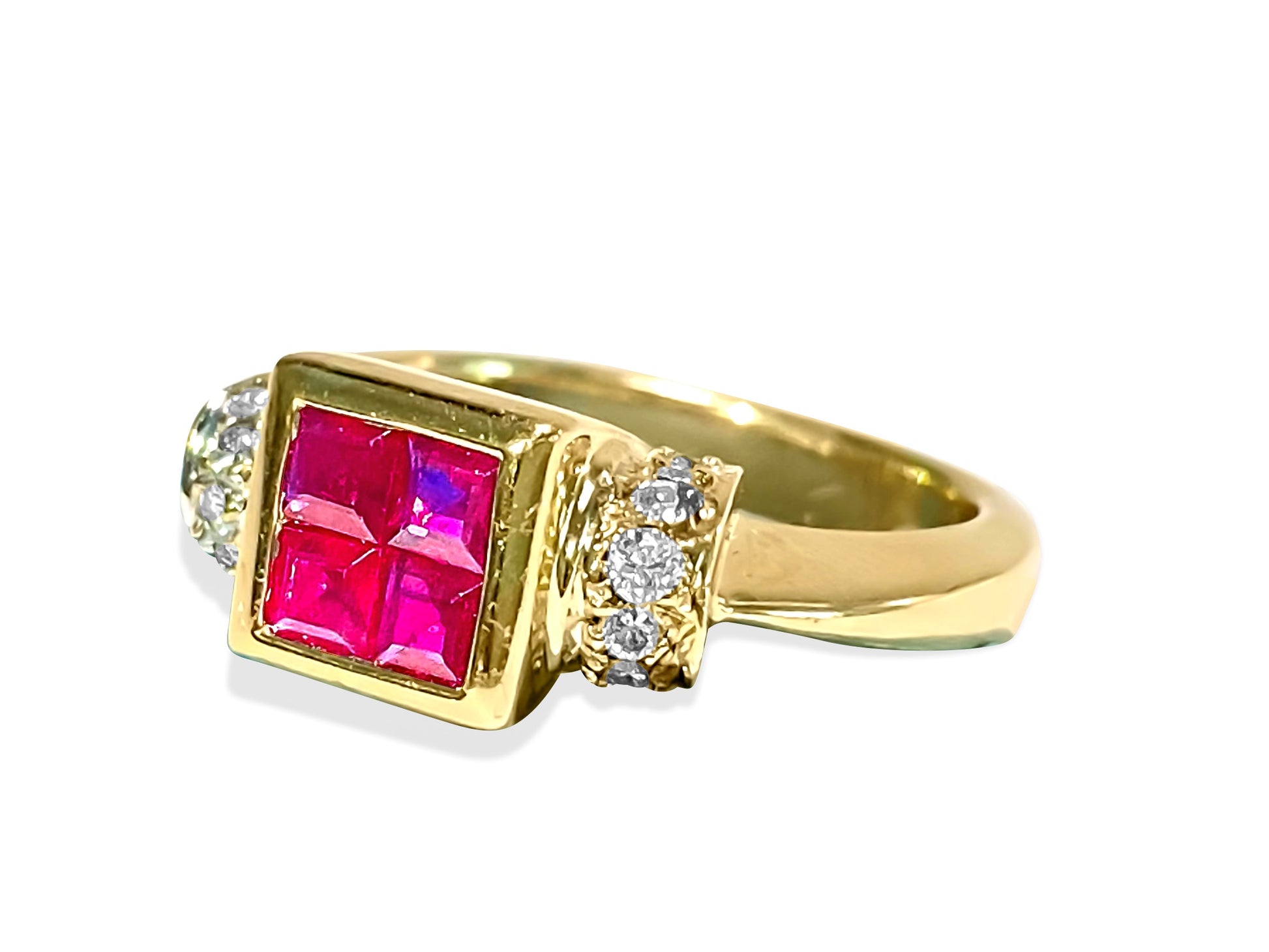 18K gold ring with 0.92 carat diamond and natural ruby, showcasing elegant jewelry design by Prince The Jeweler