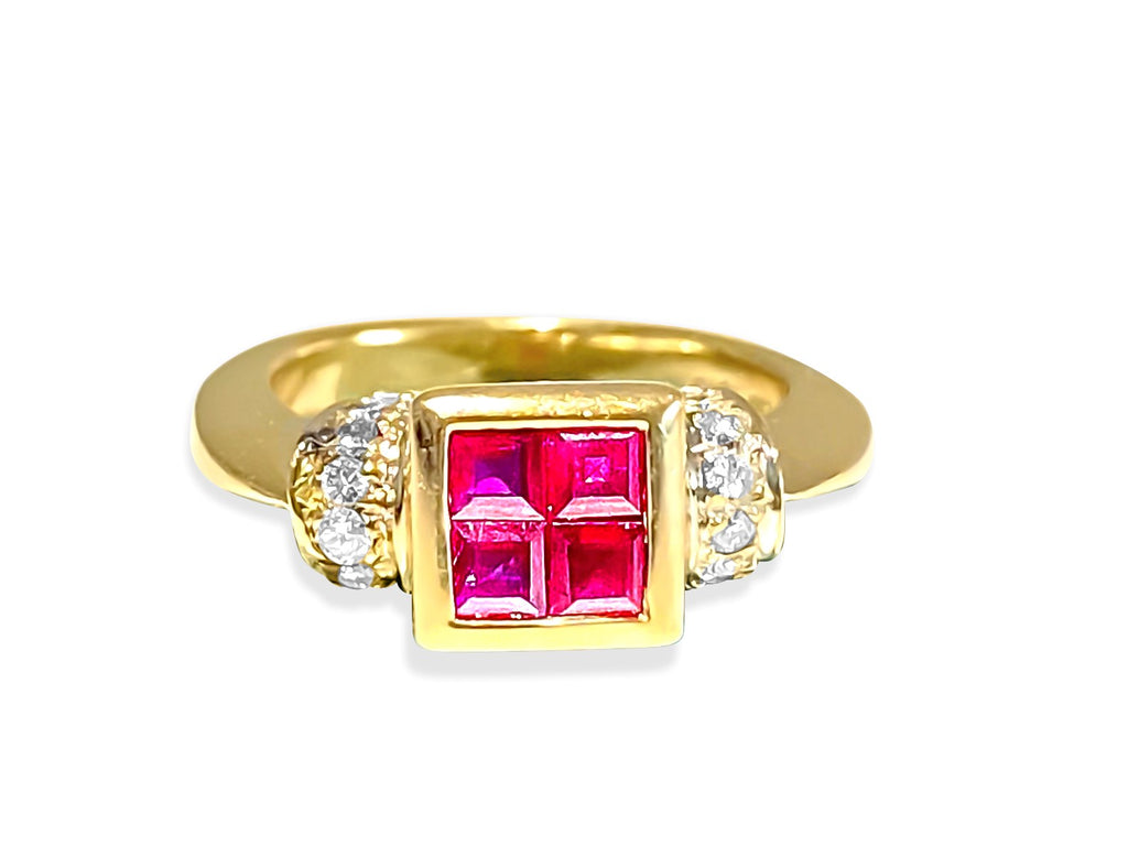 18K gold ring featuring 0.92 carat diamond and natural ruby accents, elegant jewelry piece by Prince The Jeweler
