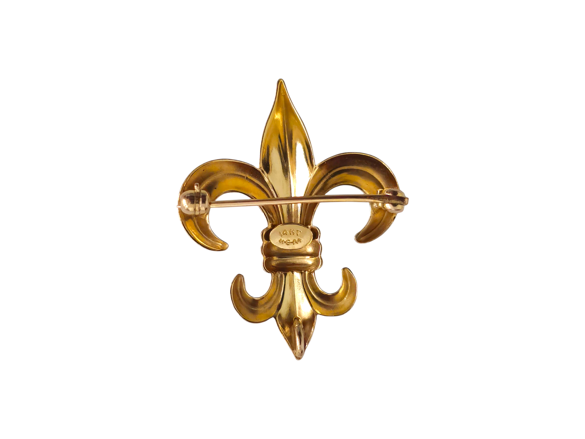 Gold Fleur de Lis pendant pin by Prince The Jeweler, featuring intricate design and shiny finish.