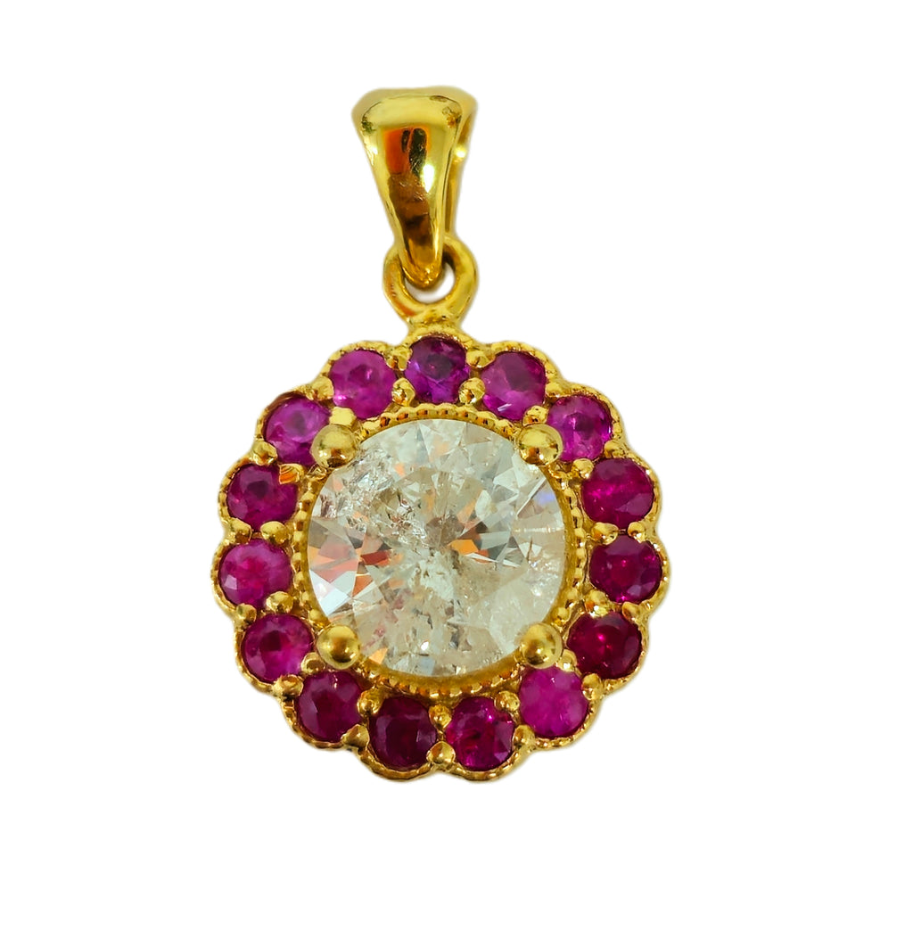 (GIA) 14K Yellow Gold, Diamond and Burma Ruby Pendant - Pristine Diamonds
