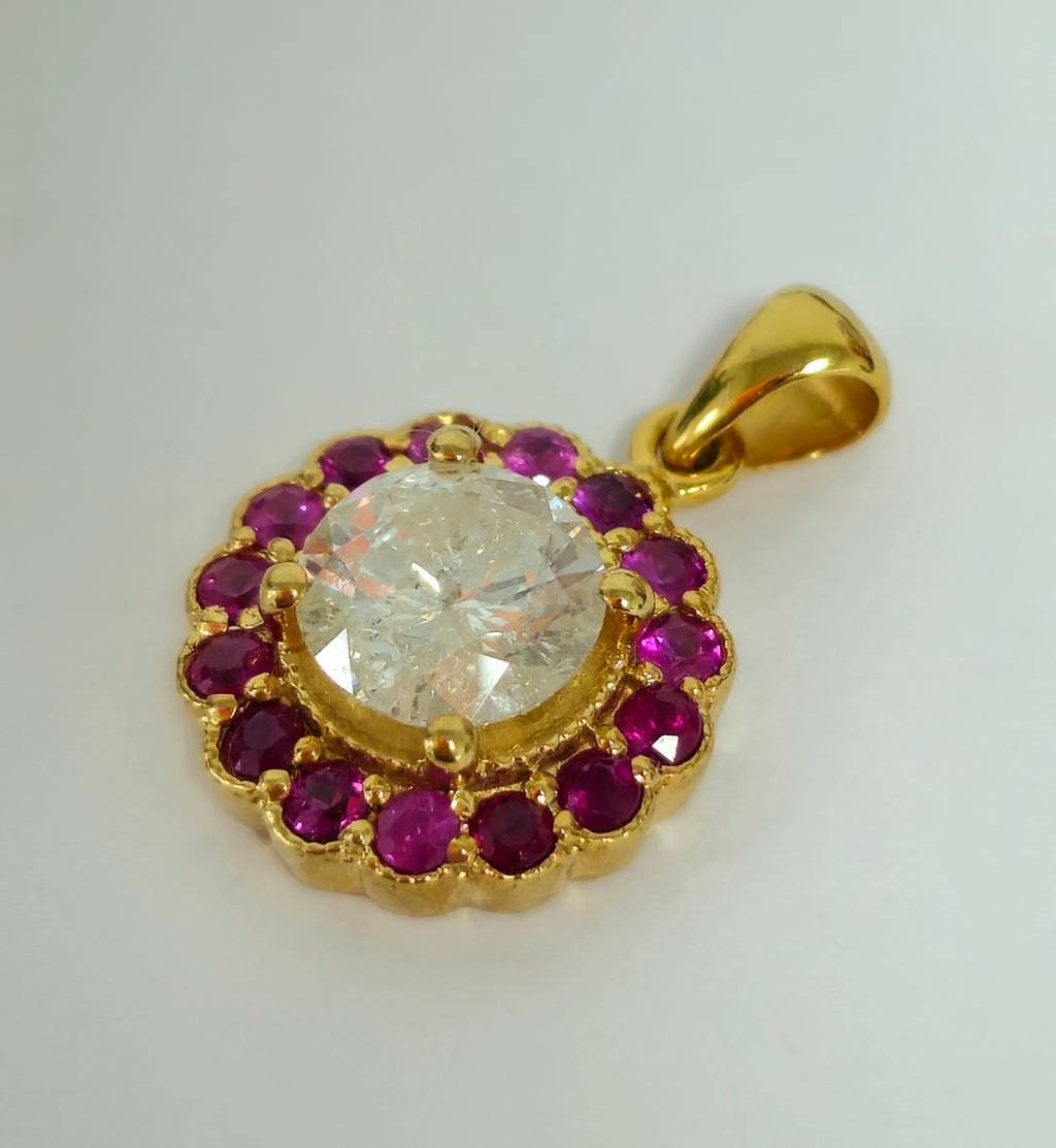 (GIA) 14K Yellow Gold, Diamond and Burma Ruby Pendant - Pristine Diamonds