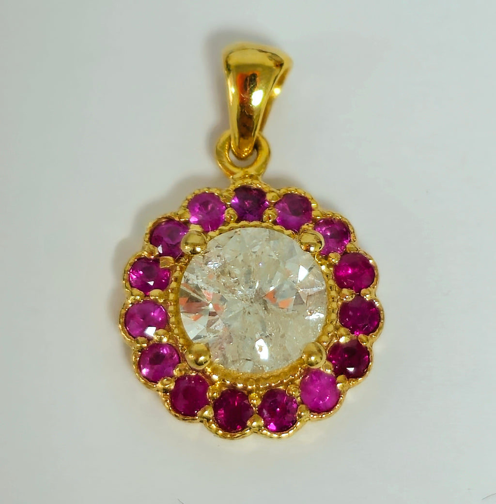 (GIA) 14K Yellow Gold, Diamond and Burma Ruby Pendant - Pristine Diamonds
