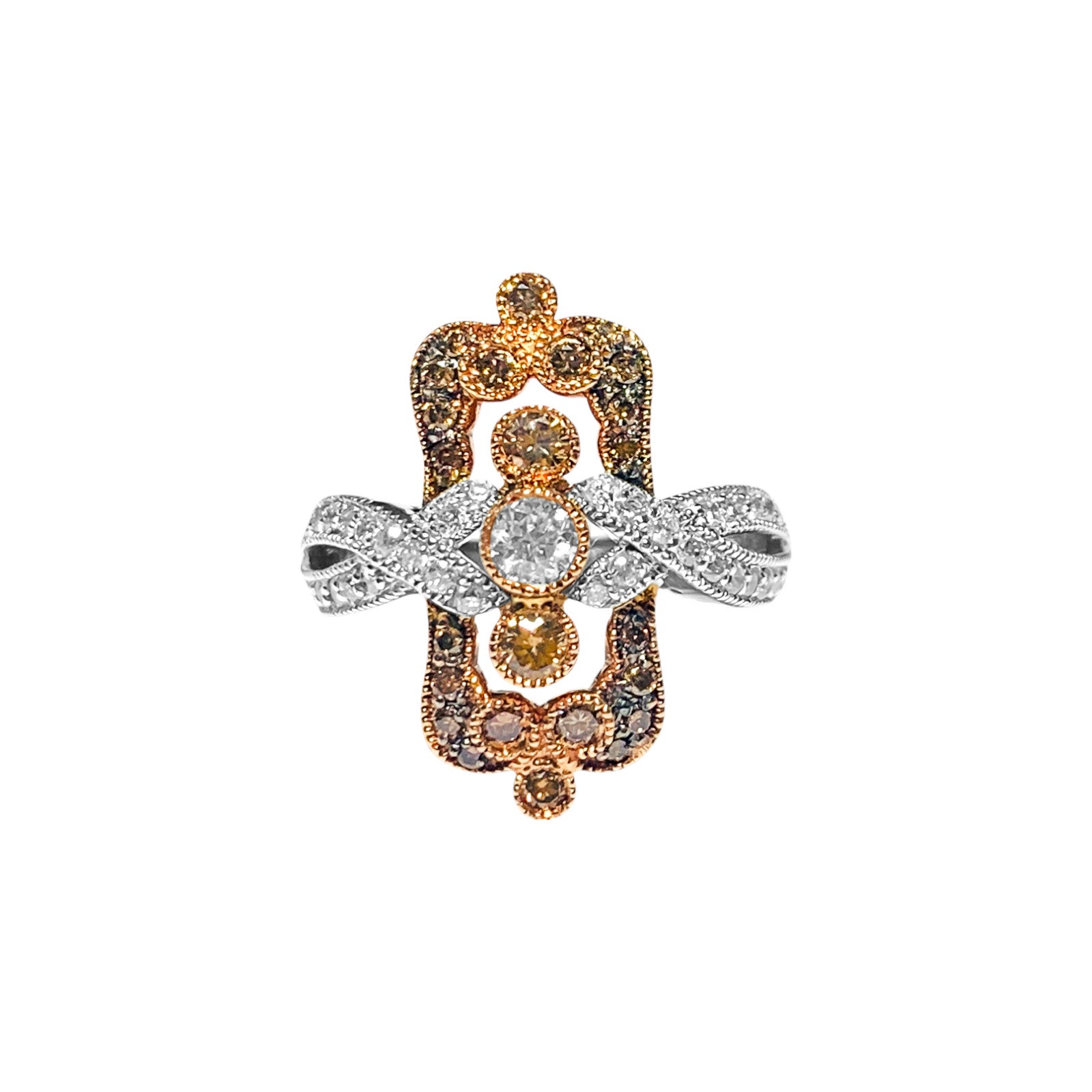 Vintage 14k rose gold ring with white and chocolate diamonds, featuring intricate design, by Prince The Jeweler.