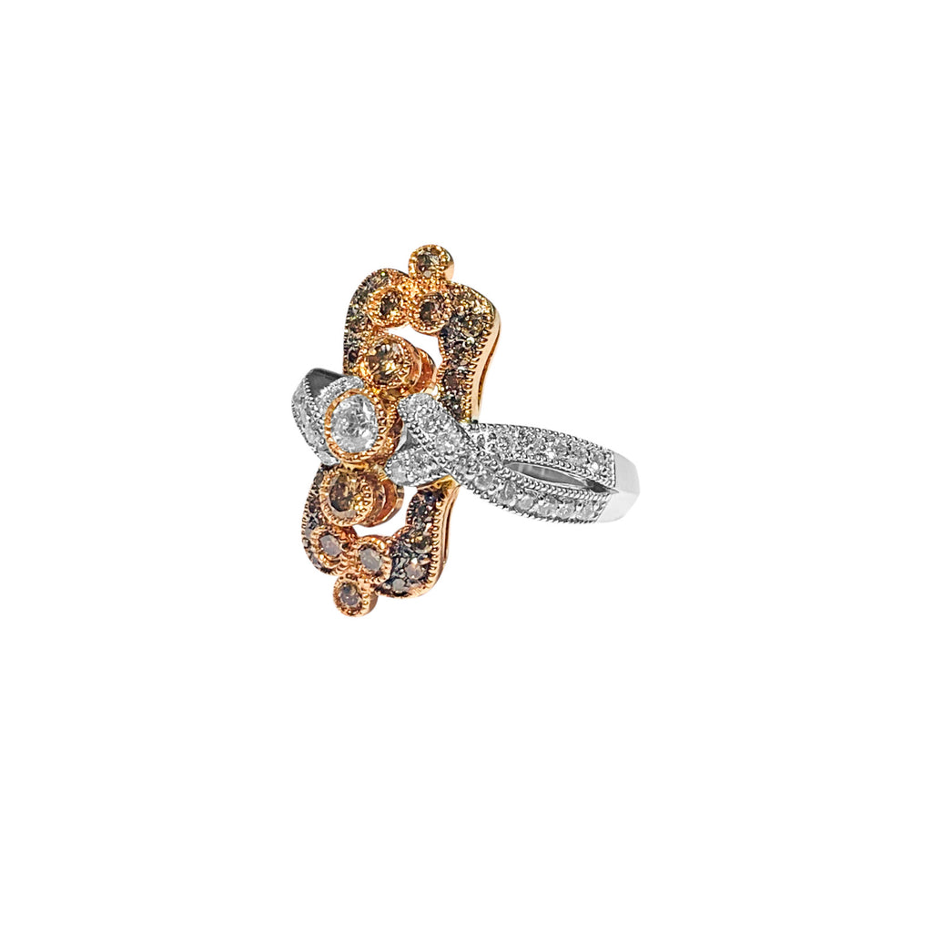 Vintage 14k rose gold diamond ring featuring white and chocolate diamonds, elegant jewelry piece by Prince The Jeweler