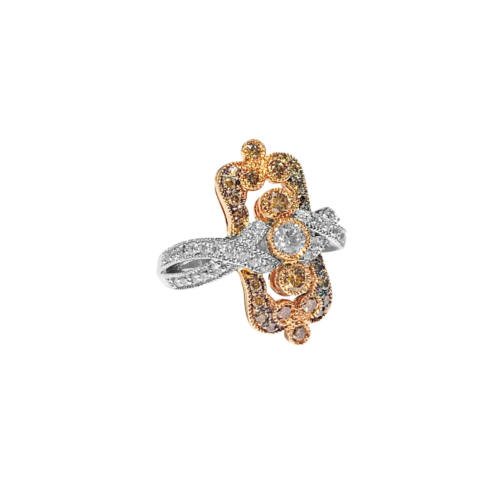 Vintage 14k rose gold ring with white and chocolate diamonds, featuring intricate detailing and a luxurious, elegant design.
