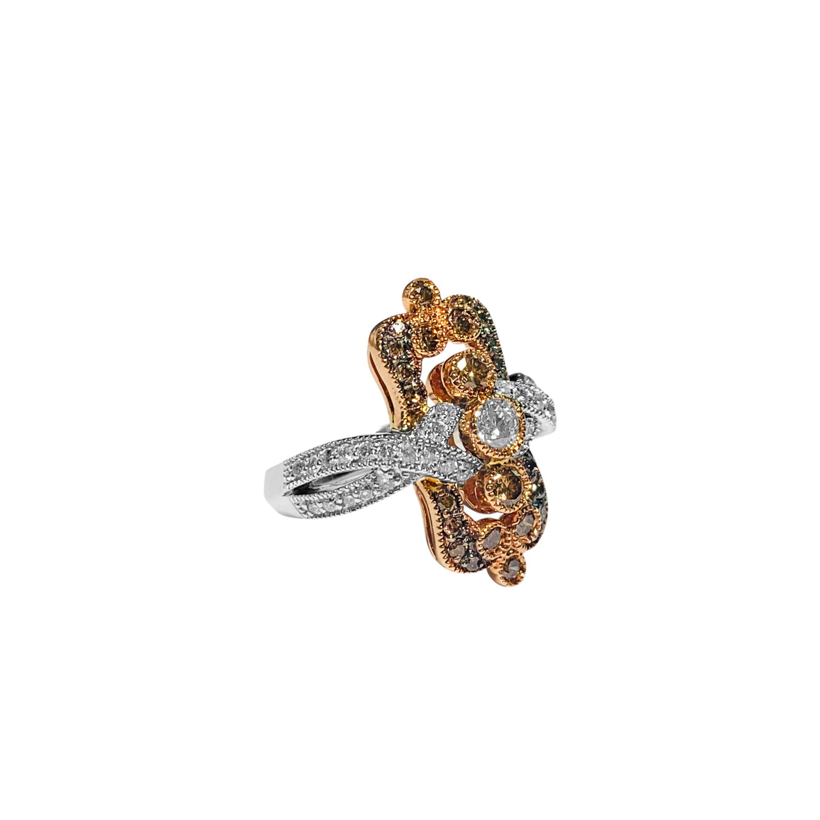 Vintage 14k rose gold diamond ring with white and chocolate diamonds, featuring intricate design and sparkling gemstones.