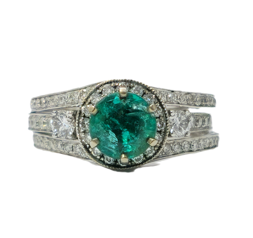 Art Deco, Emerald & Diamond Ring in 14k White Gold. - Pristine Diamonds