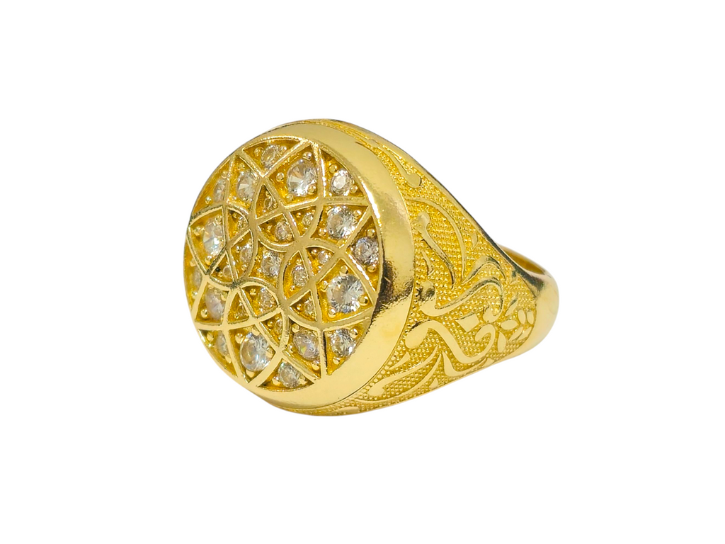 Turkish design gold ring with diamond accents from Prince The Jeweler, featuring intricate patterns and a polished finish.