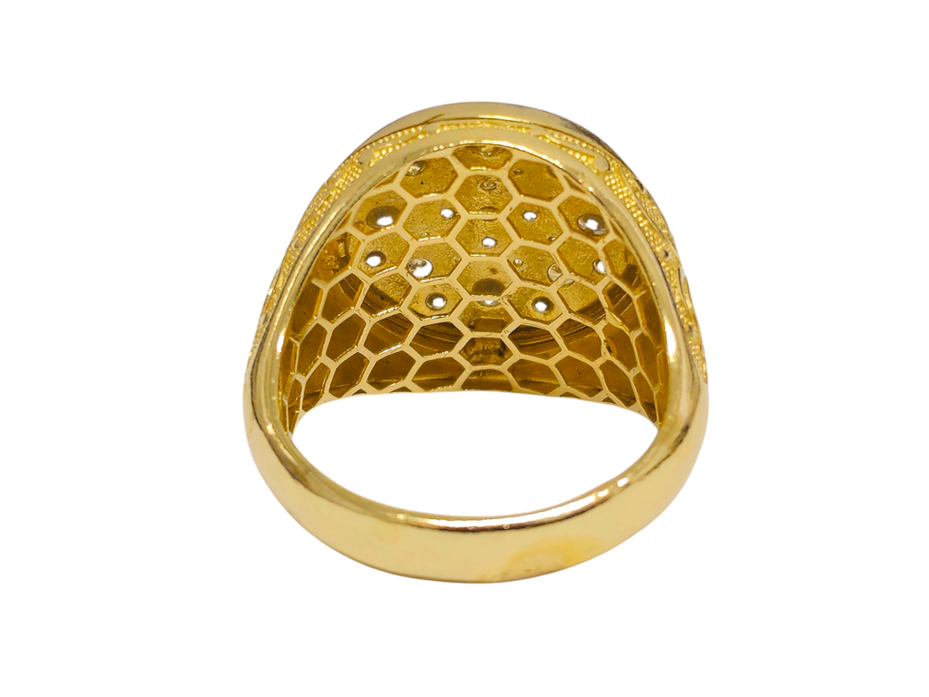 Turkish design diamond and gold ring featuring intricate patterns and a sparkling diamond, crafted by Prince The Jeweler.