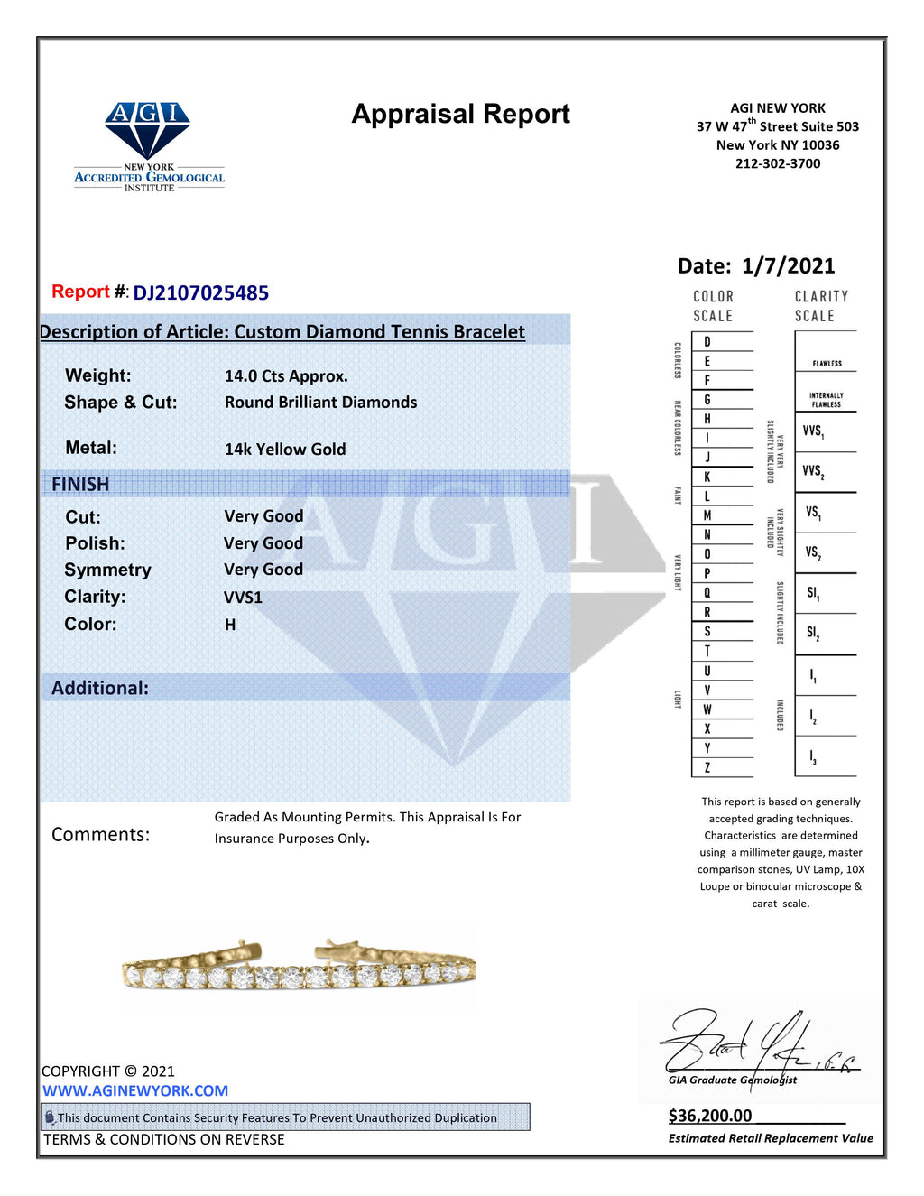 GIA Certified Custom 14.00 Carat Diamond Tennis Bracelet - Pristine Diamonds