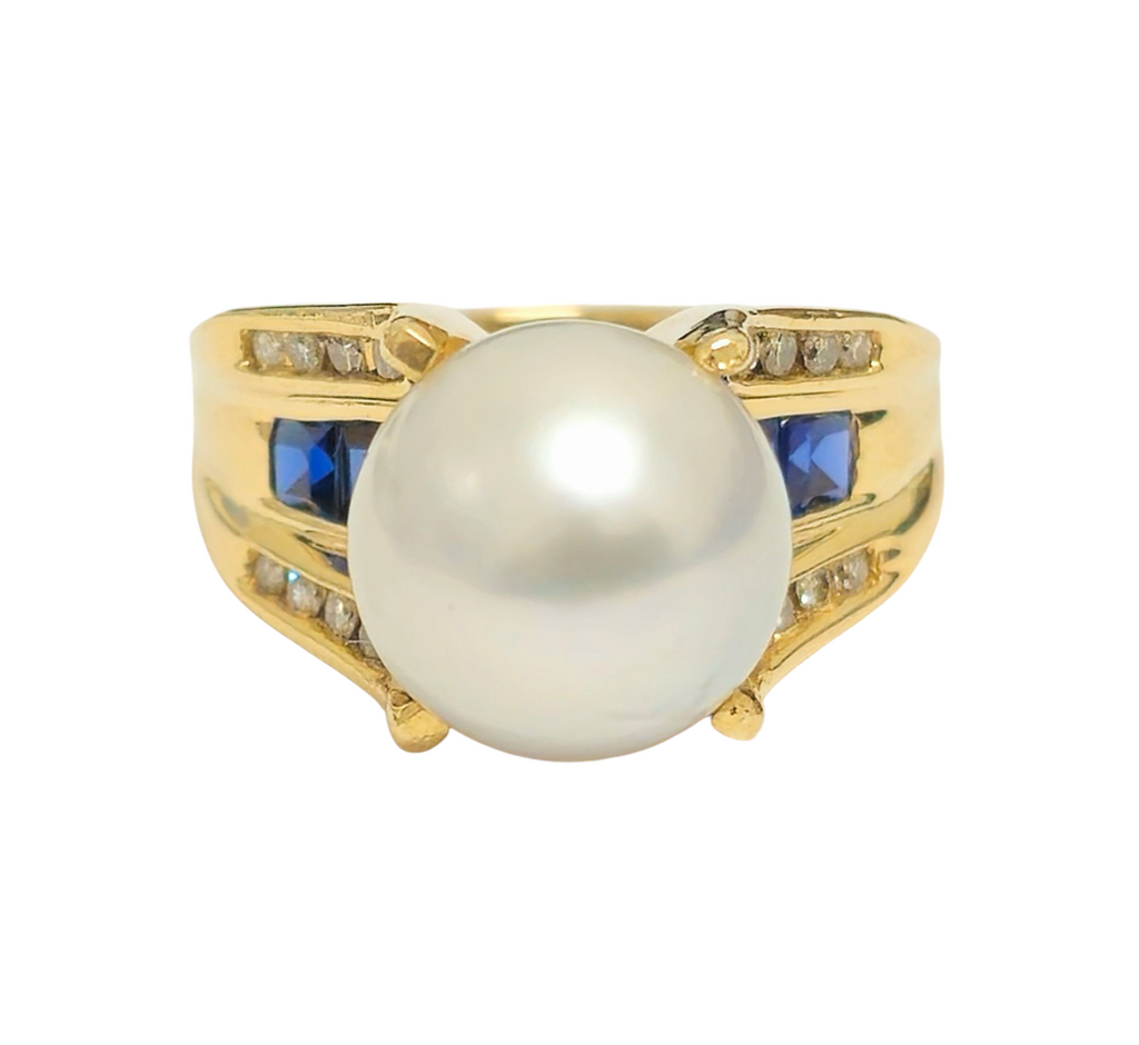 RARE Pearl, Diamond and Blue Sapphire Ring