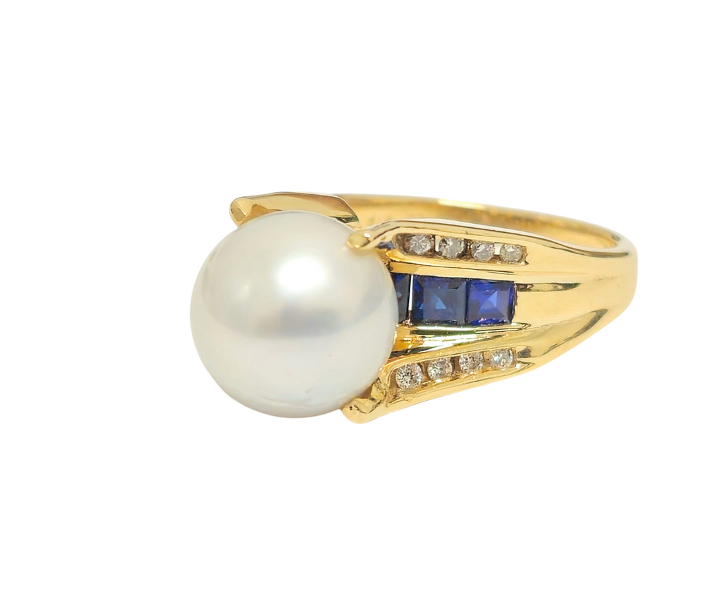 RARE Pearl, Diamond and Blue Sapphire Ring