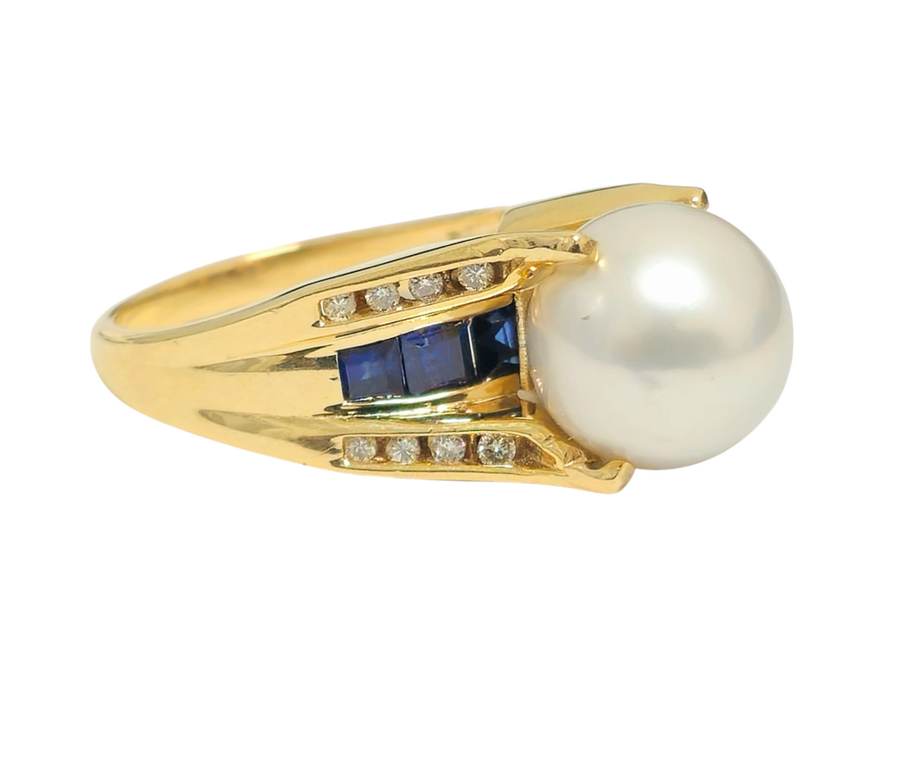 RARE Pearl, Diamond and Blue Sapphire Ring