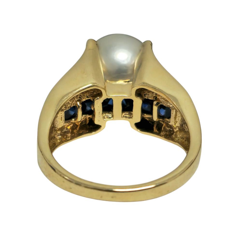 RARE Pearl, Diamond and Blue Sapphire Ring