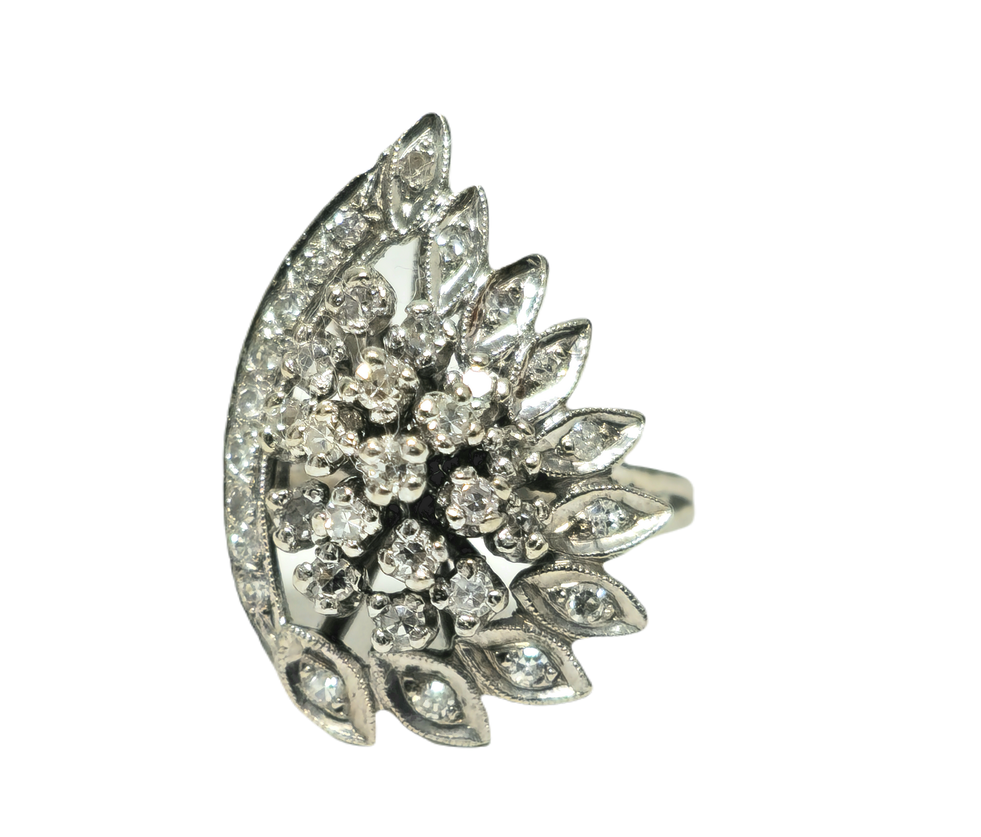 14k white gold diamond engagement ring with wing motif, late 20th-century design, by Prince The Jeweler.