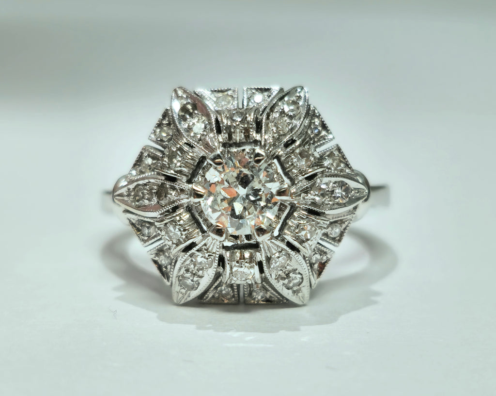 Art Deco 2.00 Carat diamond gold ring featuring geometric design, crafted by Prince The Jeweler, with sparkling diamonds and polished gold band.