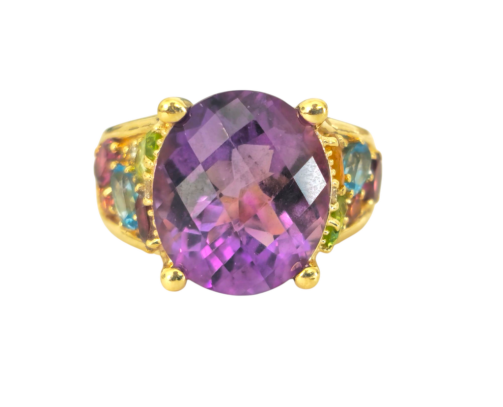 Multi gemstone ring in 14k yellow gold featuring colorful gemstones and a polished band, designed by Prince The Jeweler.