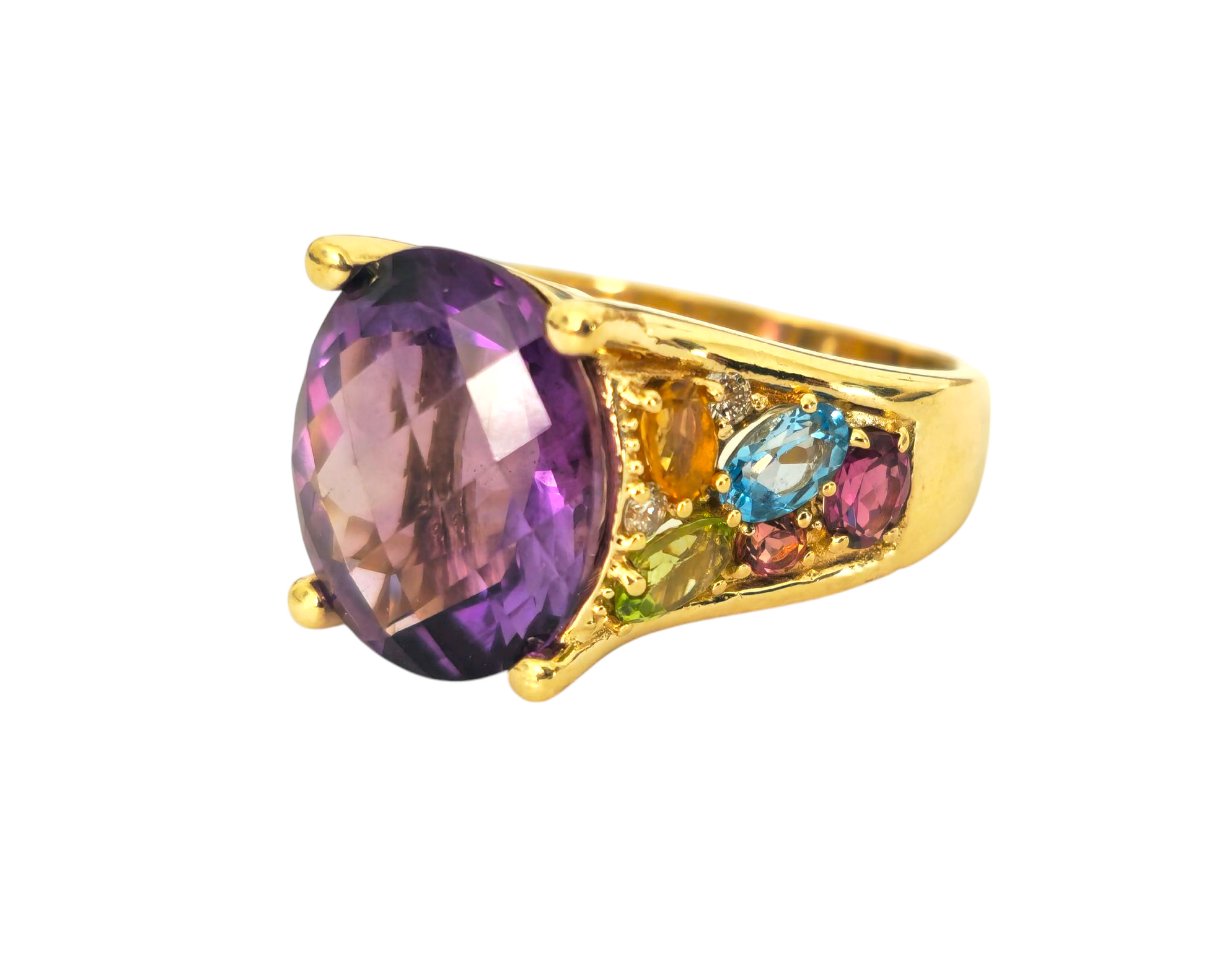 Multi gemstone ring in 14k yellow gold with colorful stones, crafted by Prince The Jeweler.