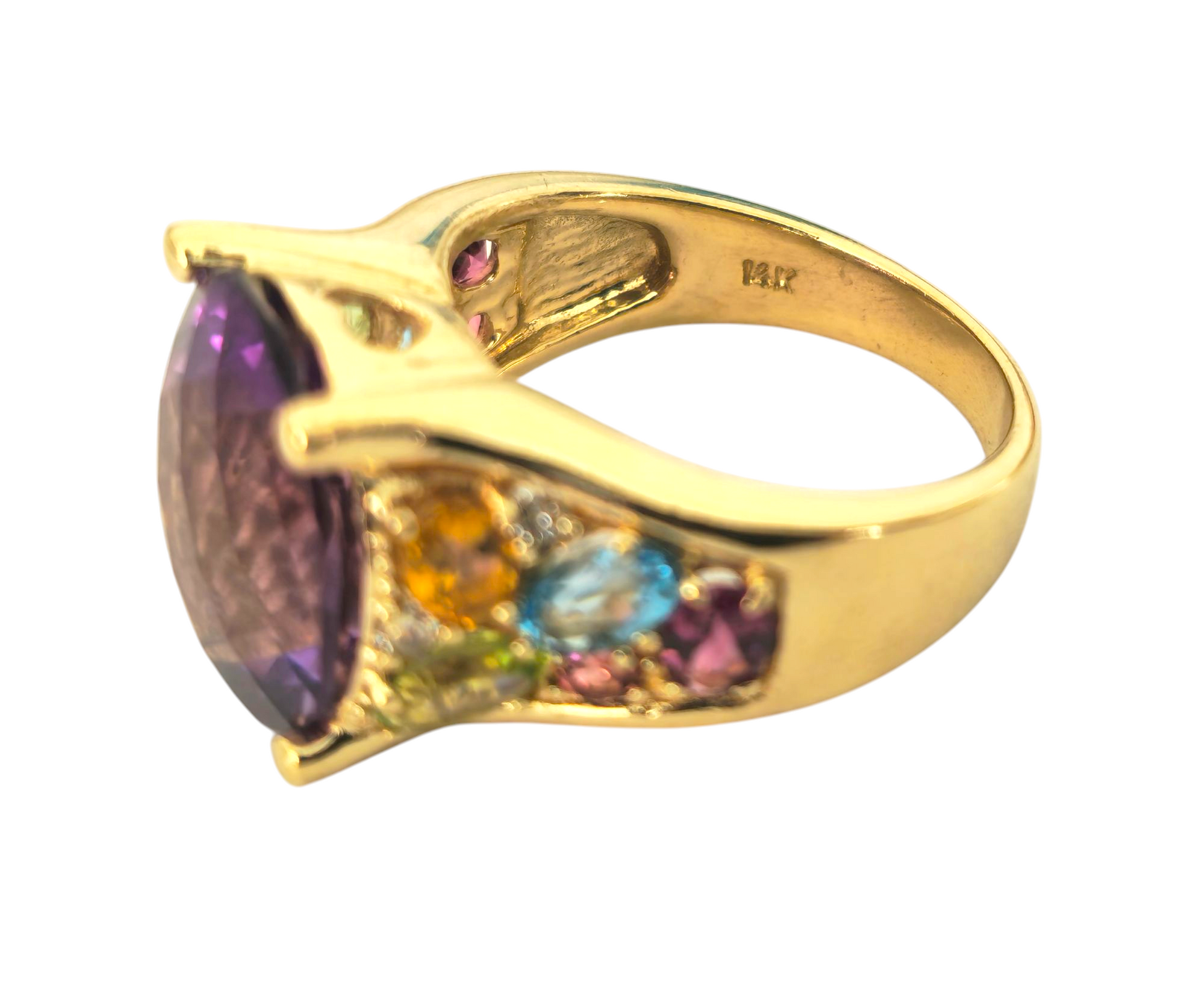 Multi-gemstone ring in 14k yellow gold featuring vibrant gemstones set in a stylish design by Prince The Jeweler.