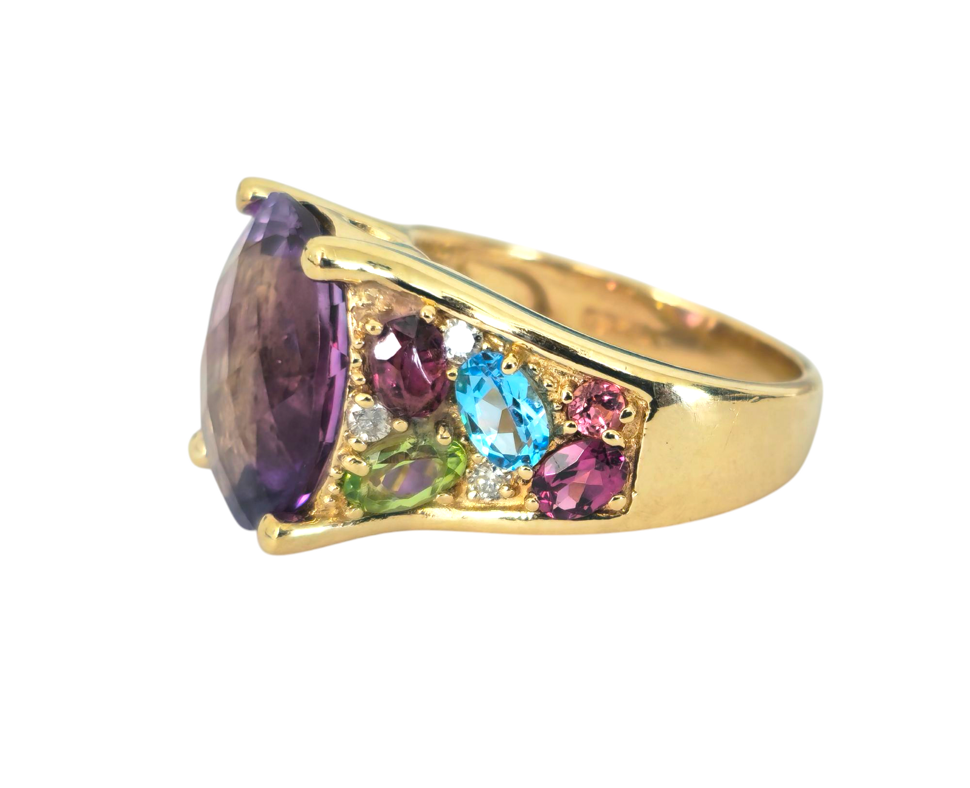 Multi-gemstone ring in 14k yellow gold featuring colorful gemstones and intricate detailing, by Prince The Jeweler.