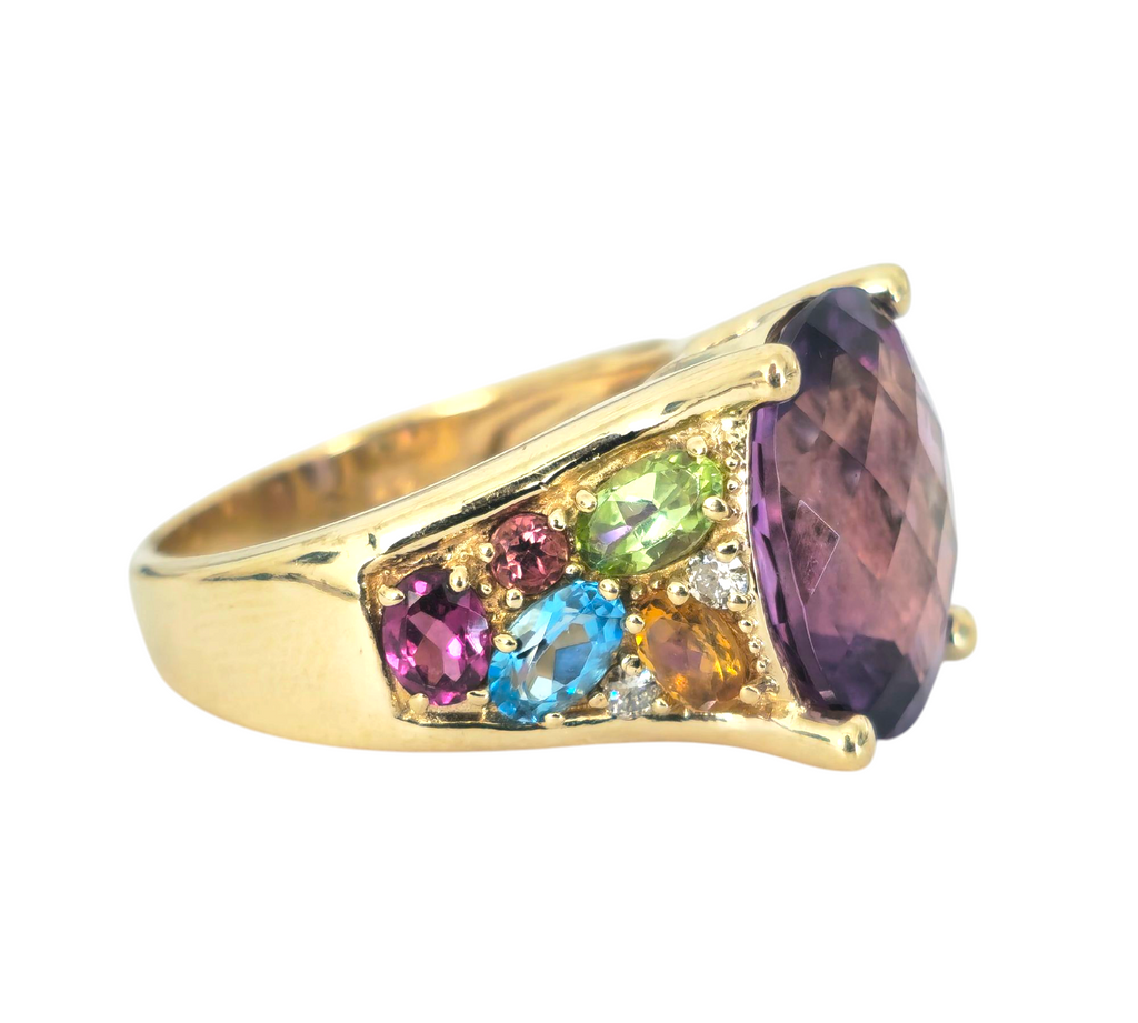 Multi-gemstone ring in 14k yellow gold featuring colorful gemstones and a polished finish, crafted by Prince The Jeweler.