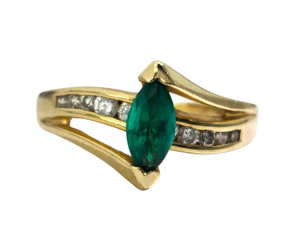 Marquise Emerald & Diamond RIng in 14k Gold - Pristine Diamonds