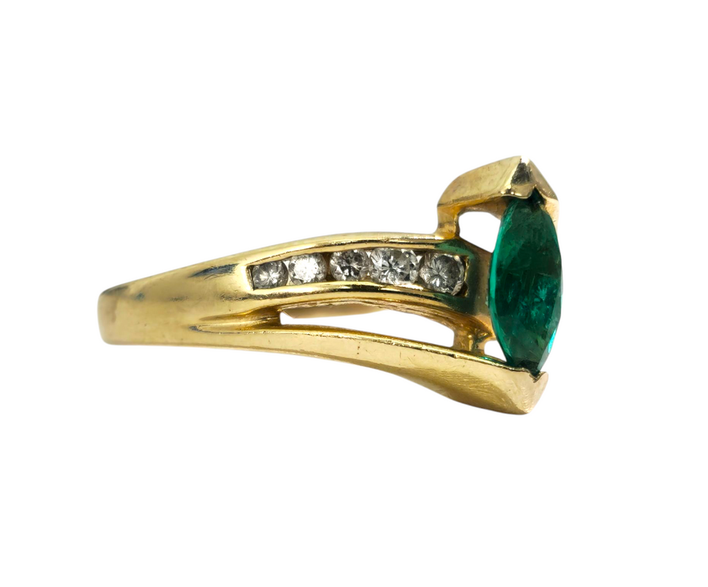 Marquise Emerald & Diamond RIng in 14k Gold - Pristine Diamonds
